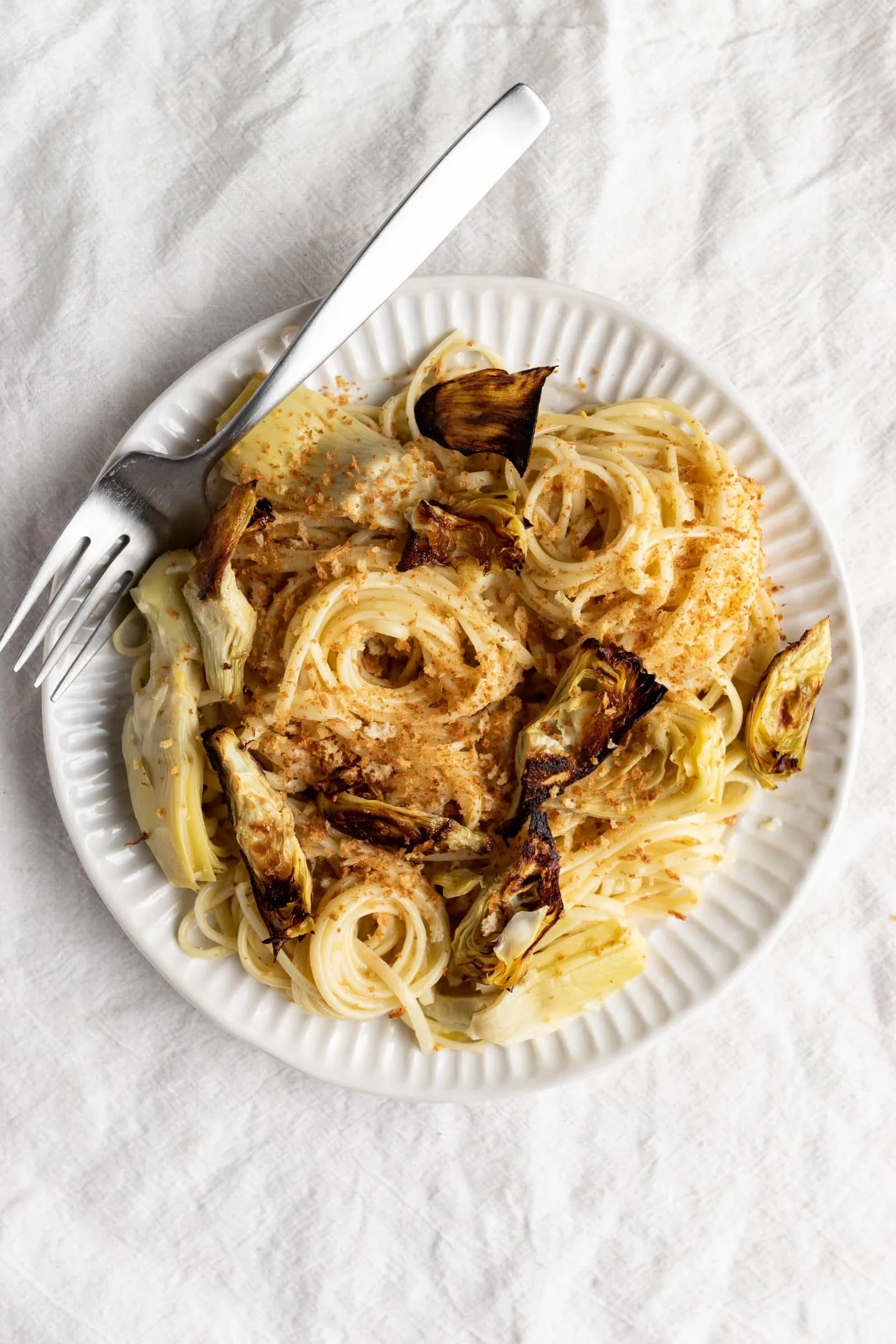 plate of crispy artichoke pasta