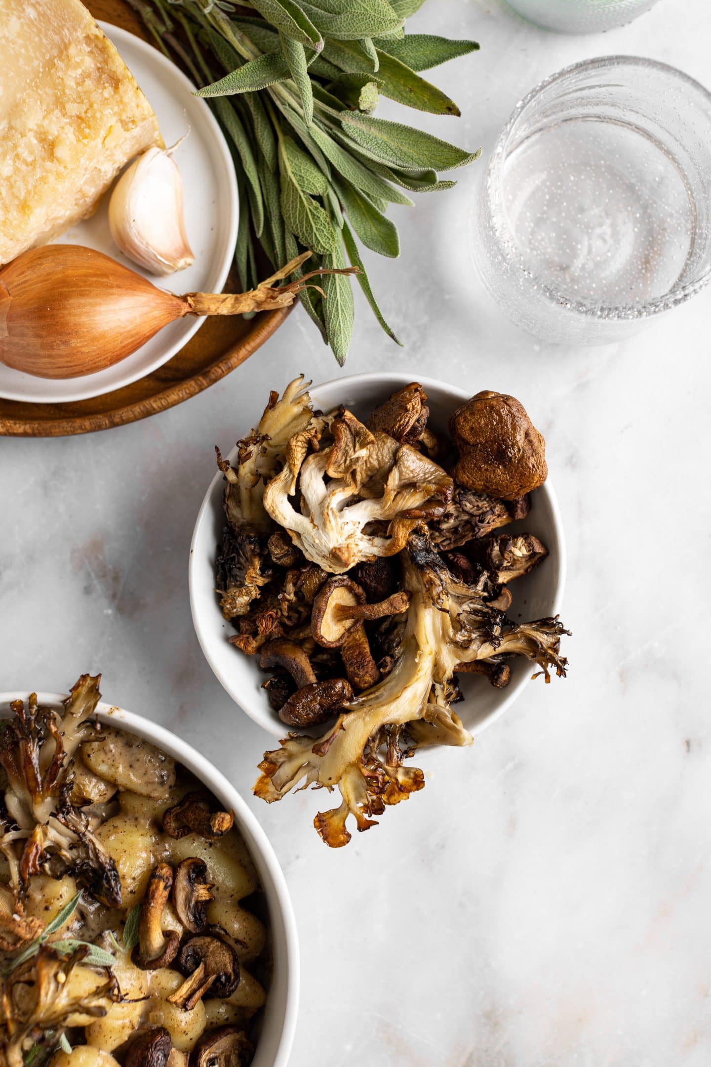 roasted mushrooms and ingredients for creamy mushroom gnocchi 