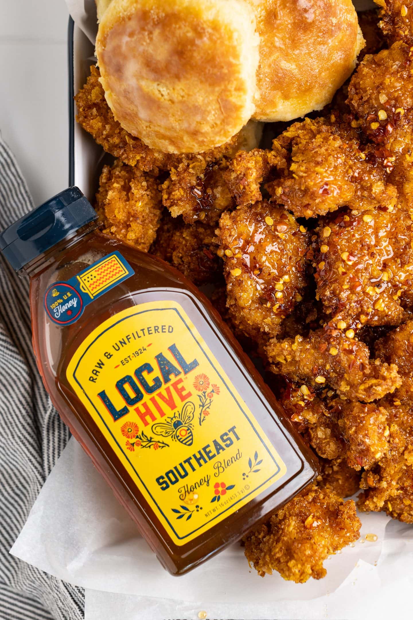 hot honey chicken next to local hive honey southeast