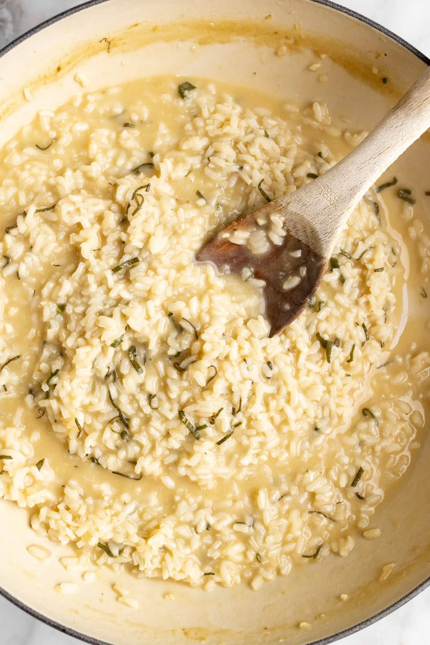 up close shot of creamy cooked risotto