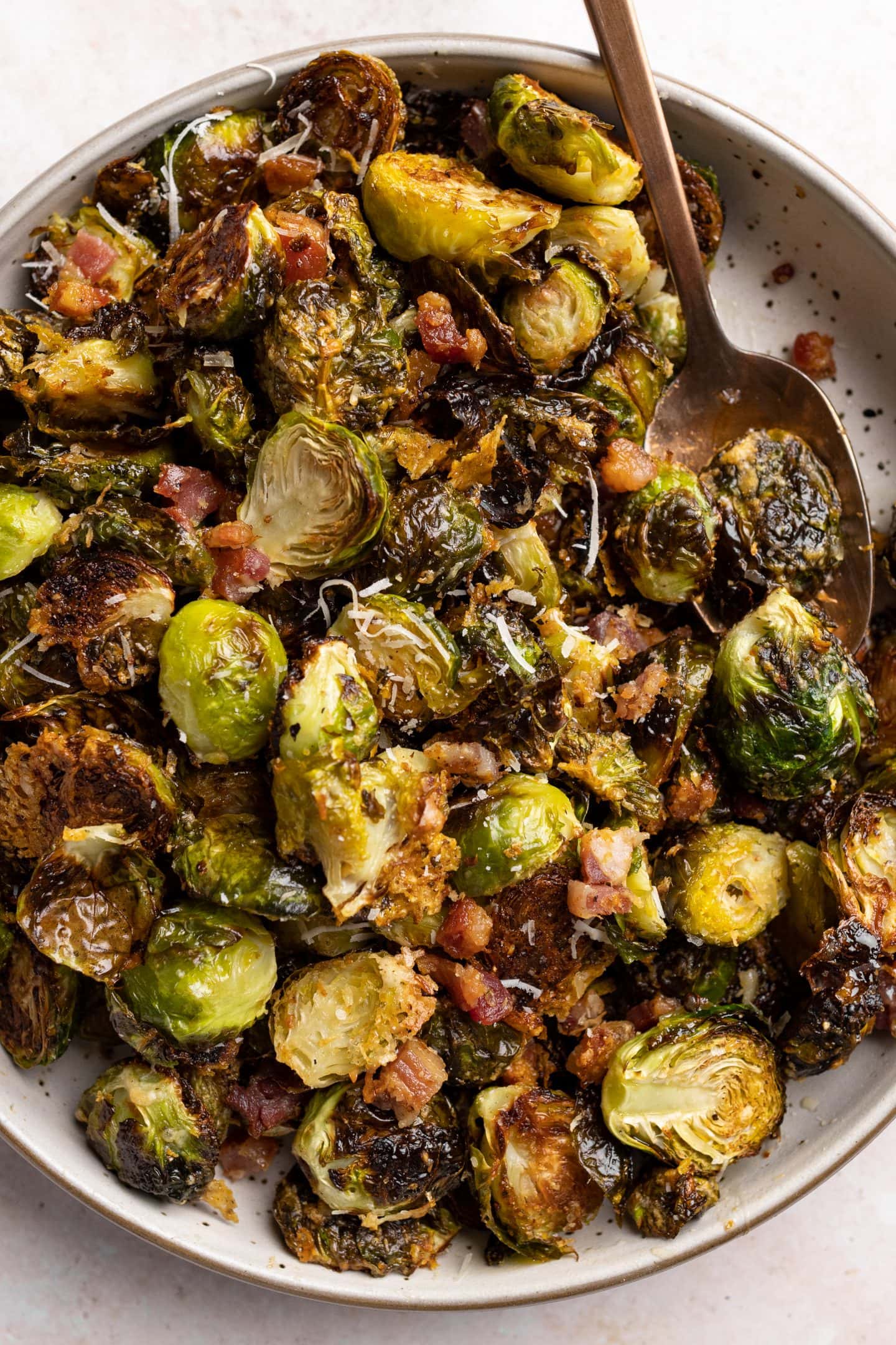 up close shot of honey pancetta brussels sprouts