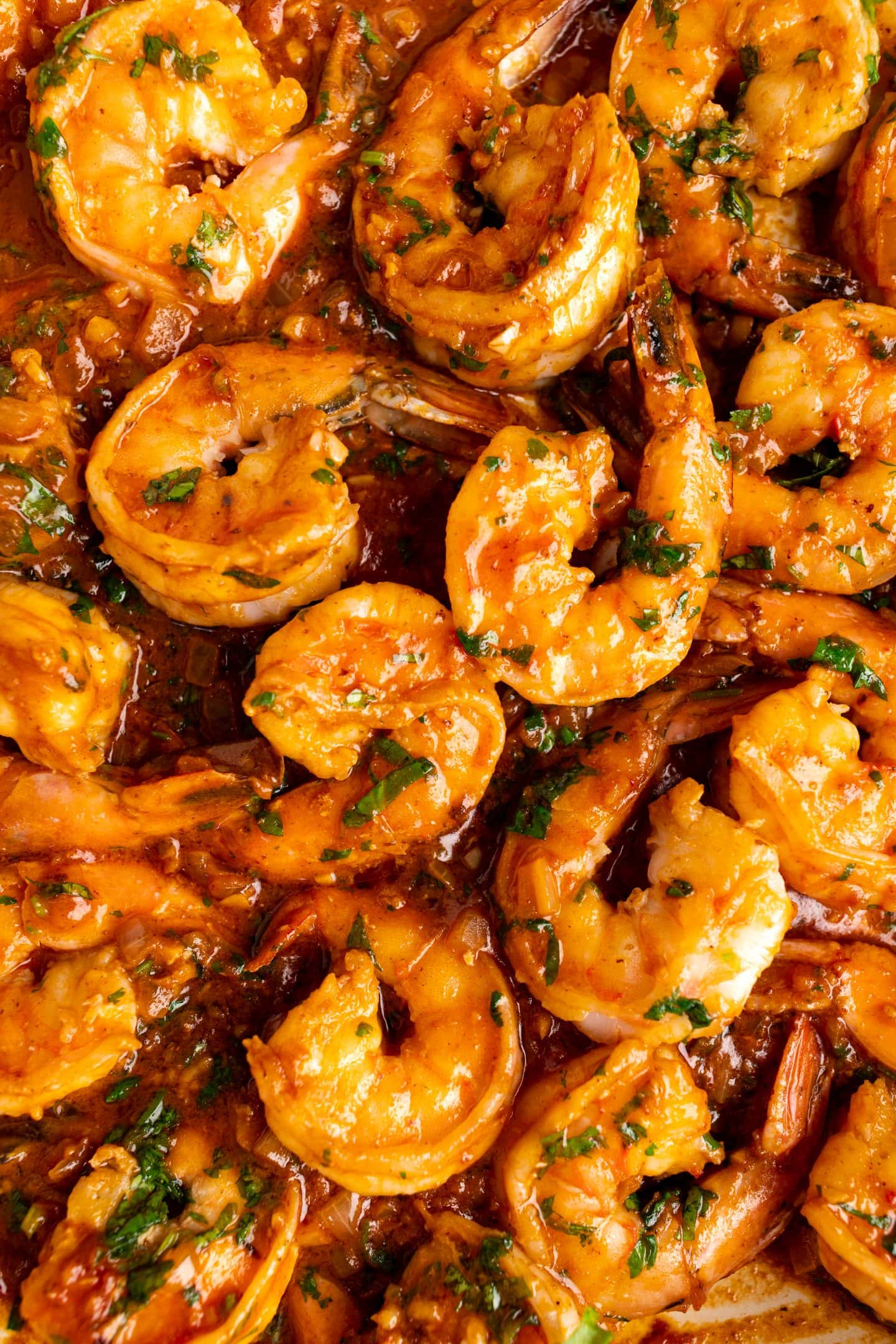 up close shot of Portuguese garlic shrimp