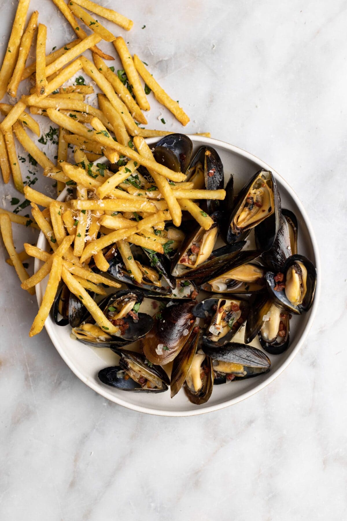 Moules Frites (Mussels in White Wine and Pancetta)