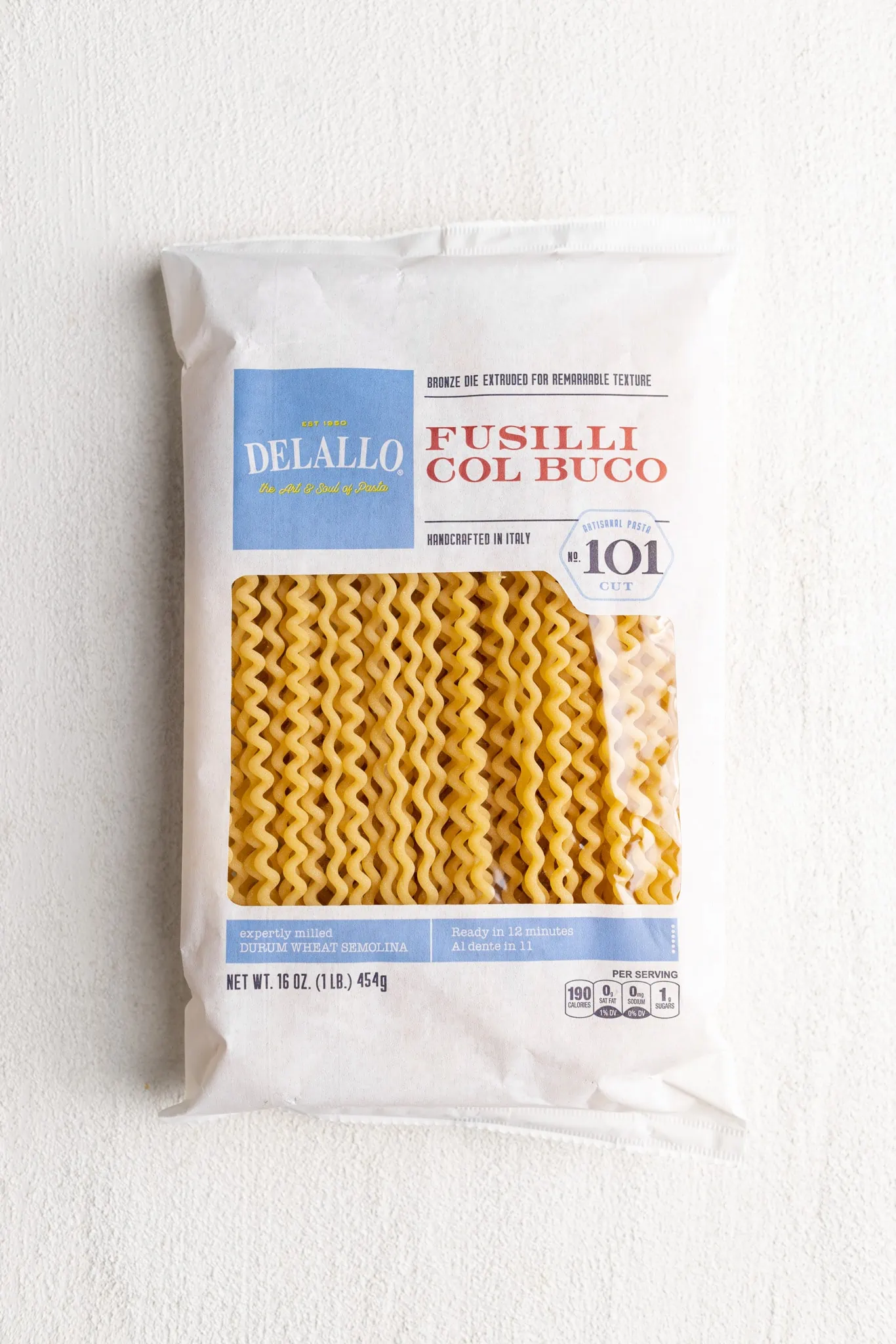 DeLallo's Fusilli Col Buco in packaging