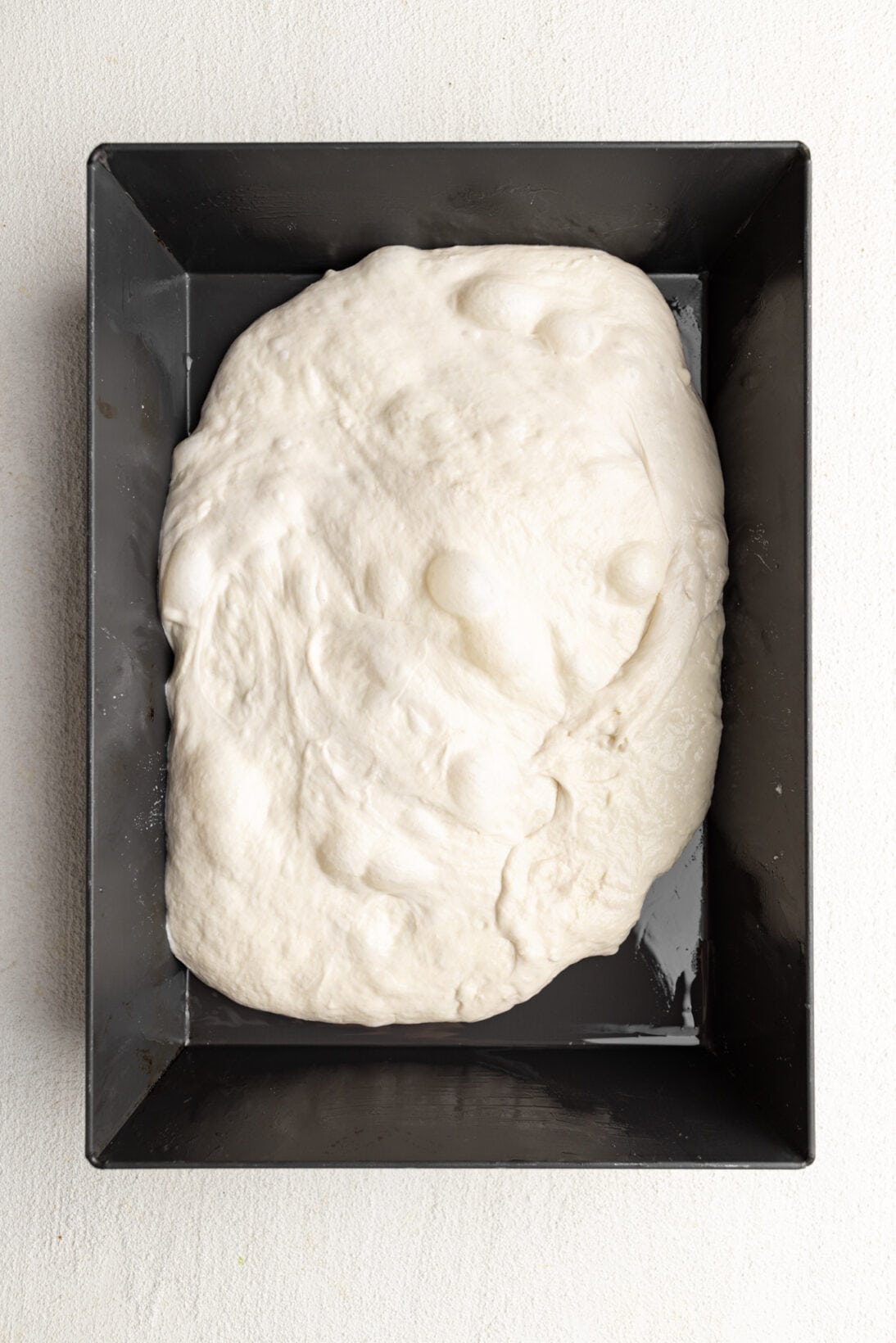 second proof of the sourdough focaccia - right out of the fridge in the pan