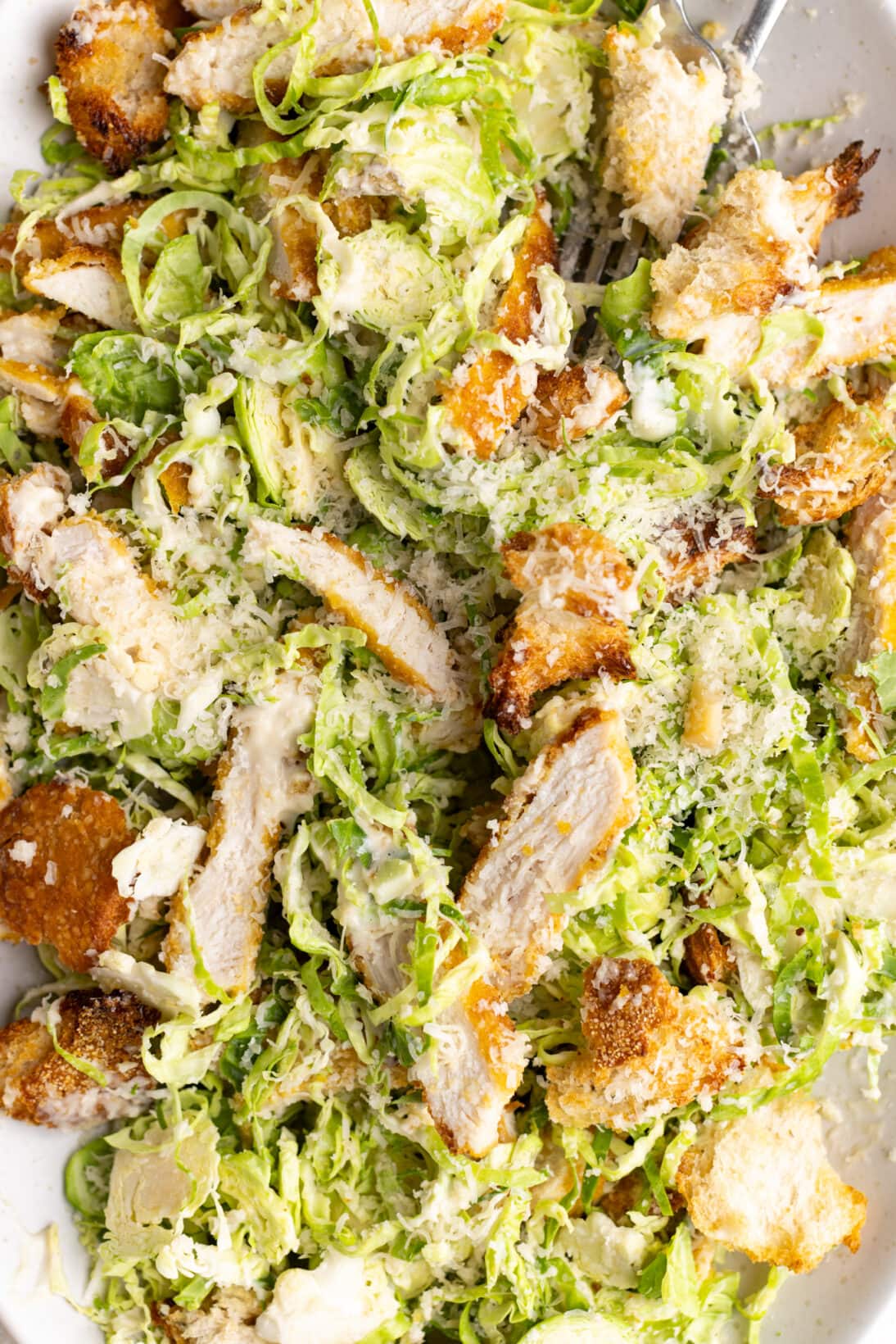 up close image of tossed Brussels sprout salad