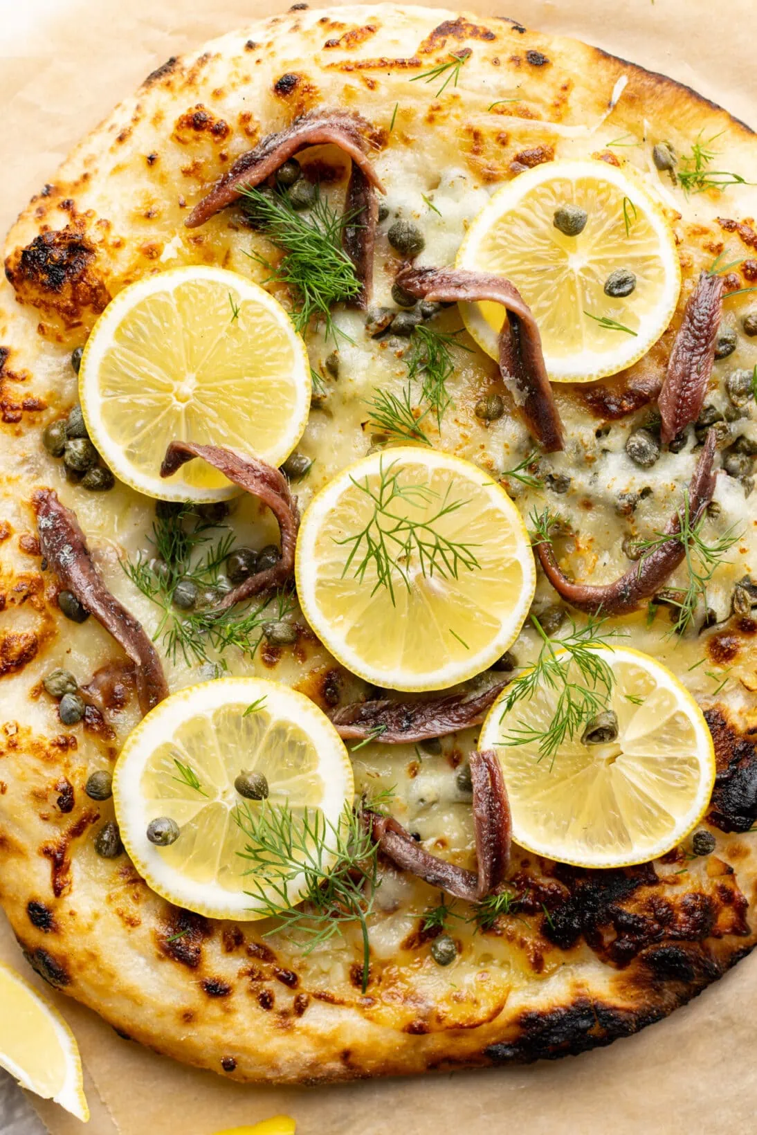up close lemon anchovy pizza with mozzarella cheese, capers and slices of lemon.