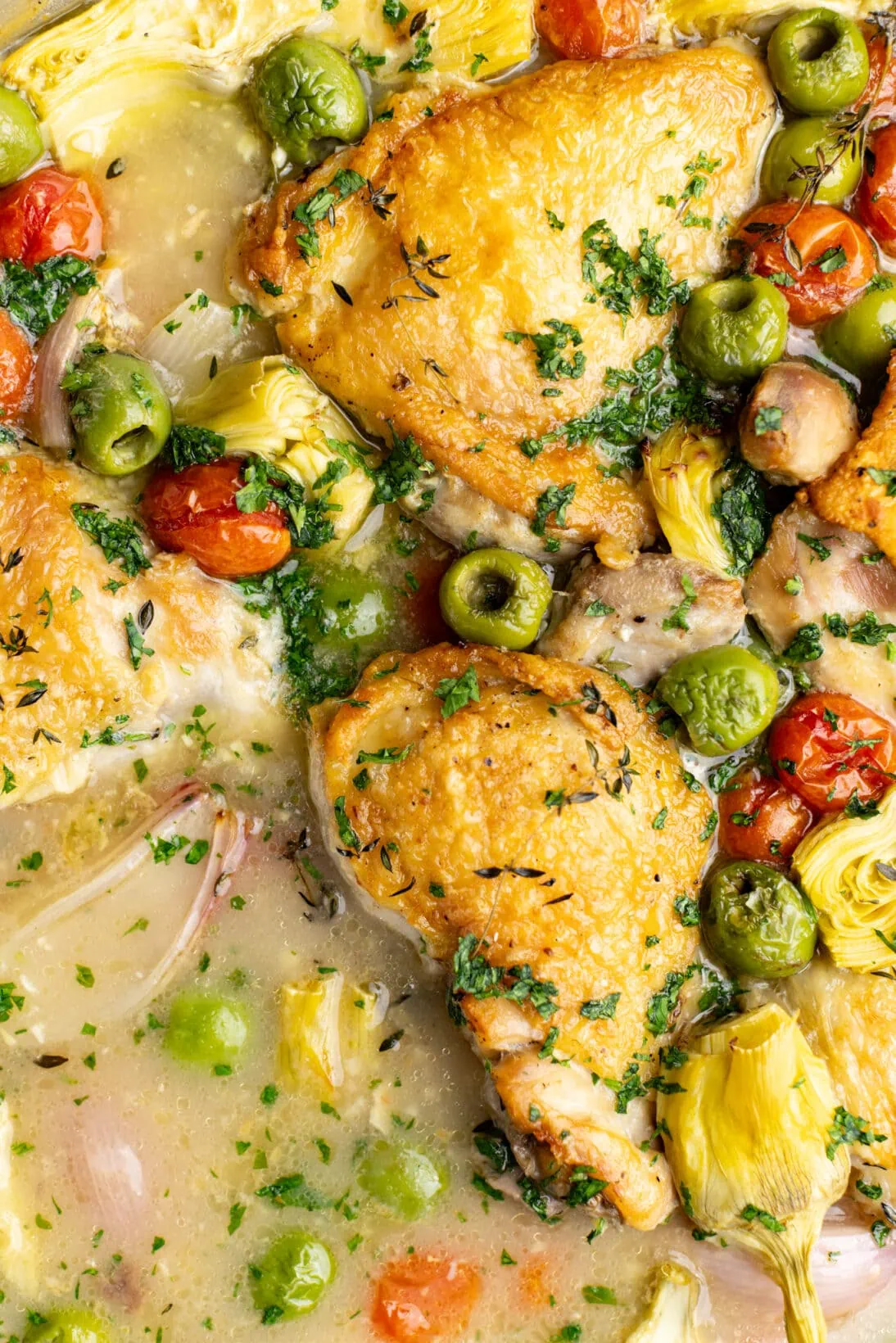 up close chicken provençal with artichokes, olives, tomatoes, shallots.