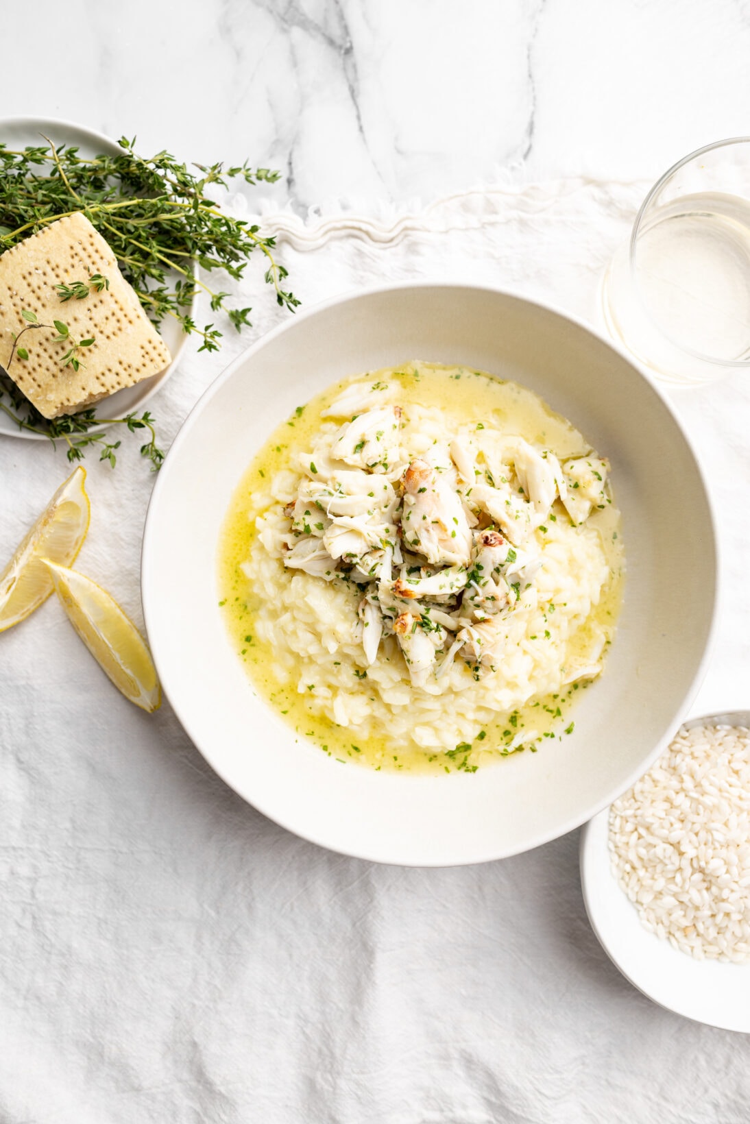 Crab risotto topped with a garlic and white wine sauce