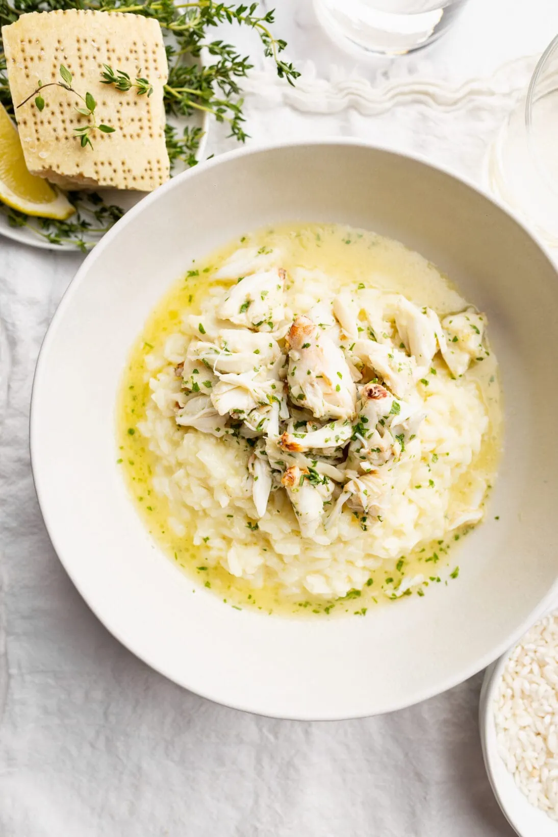 Crab risotto topped with a garlic and white wine sauce