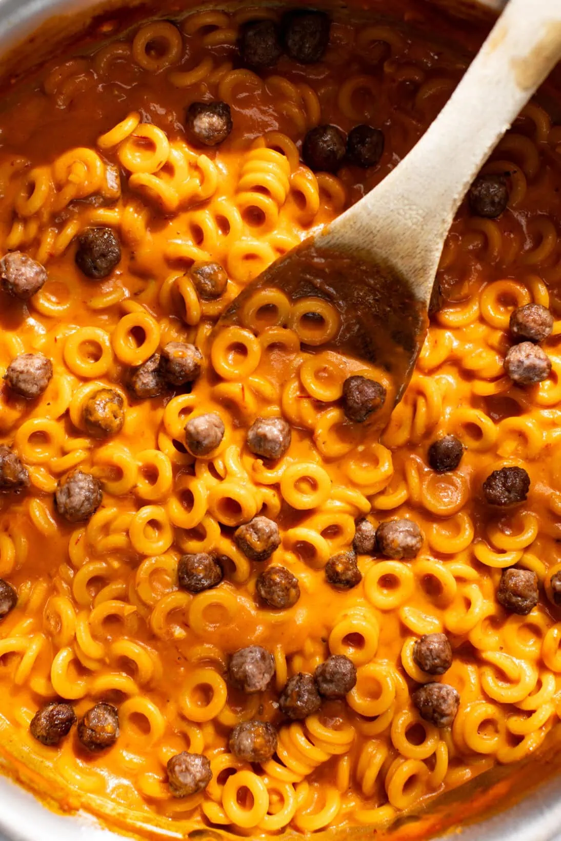 up close shot of finished homemade spaghettios with mini meatballs