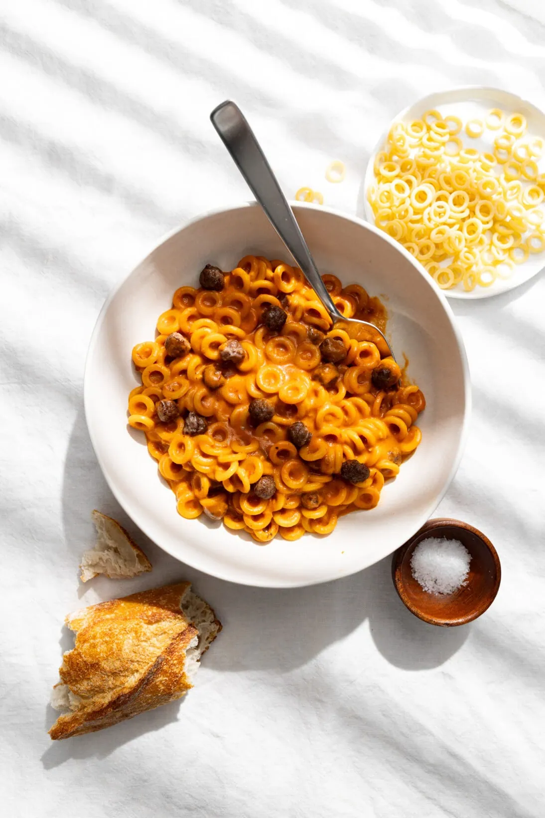 bowl of homemade spaghettios with mini meatballs