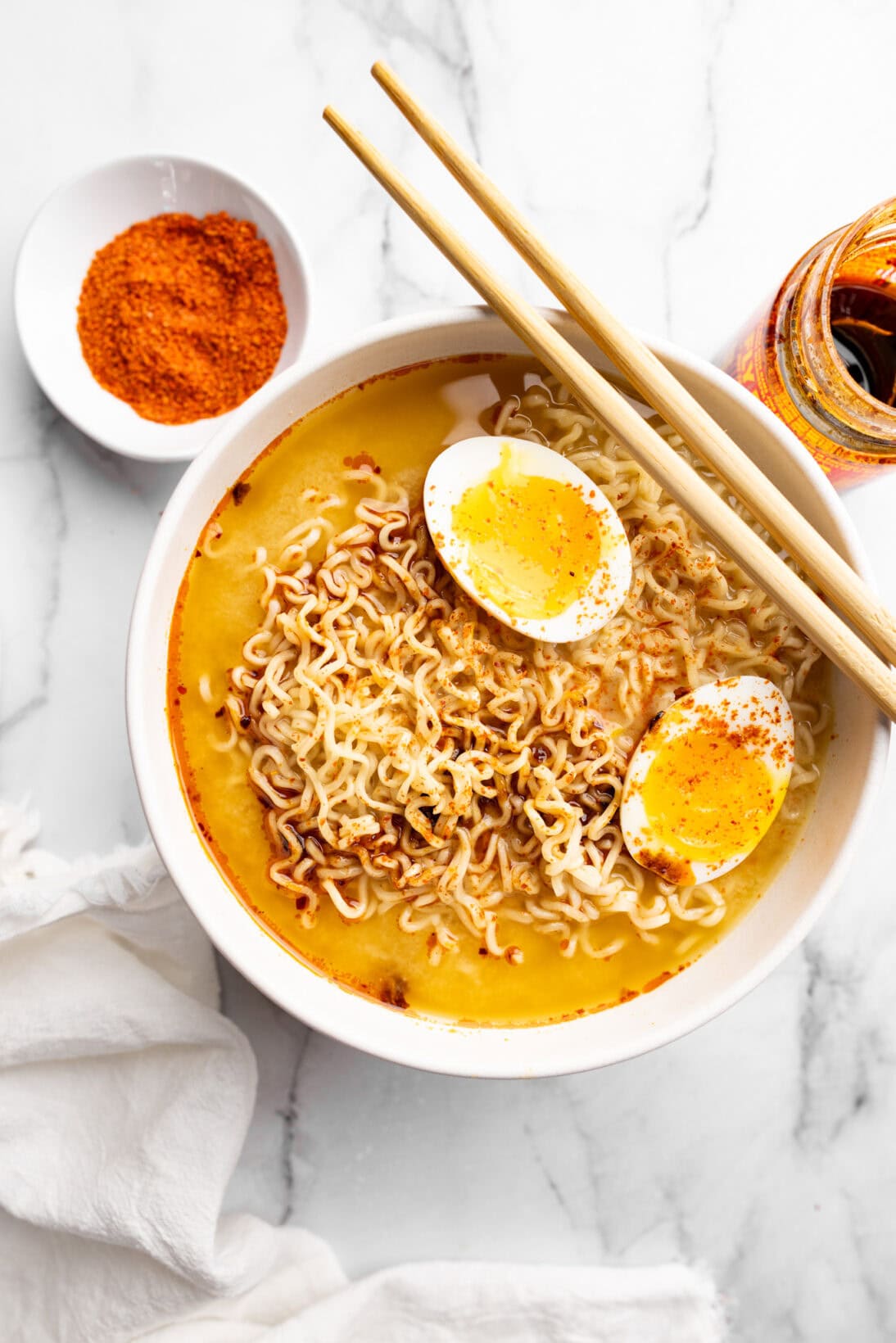 miso instant ramen topped with a jammy egg