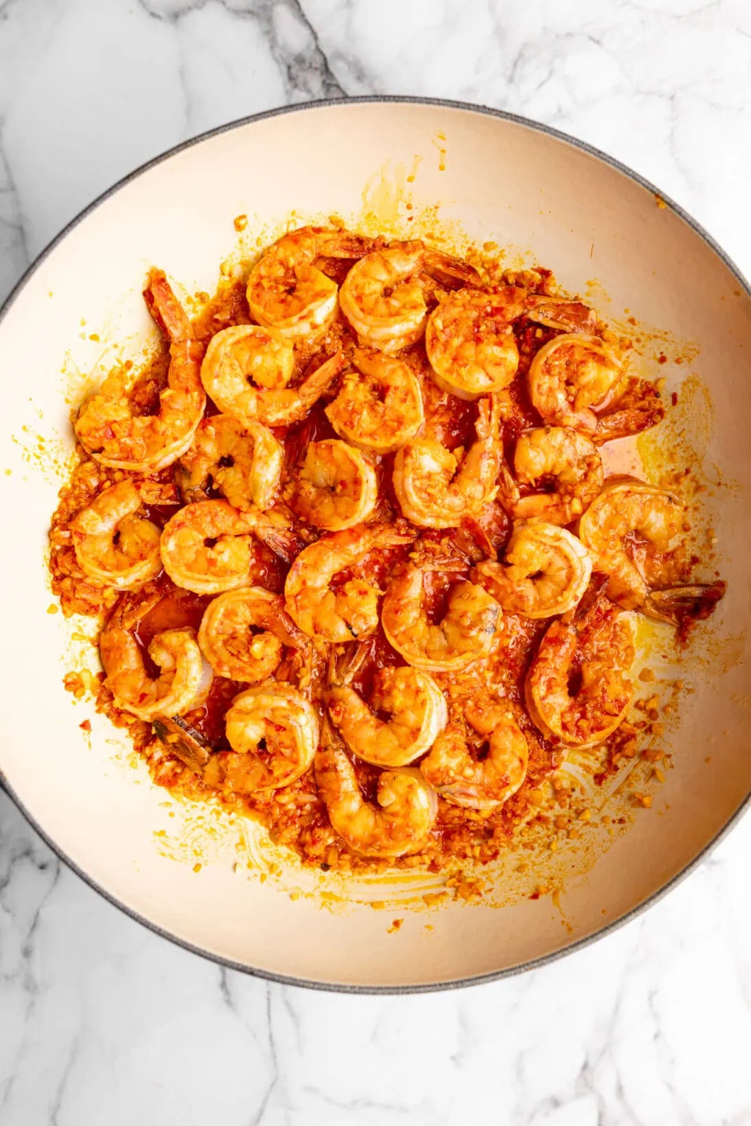 cooked shrimp in the braiser