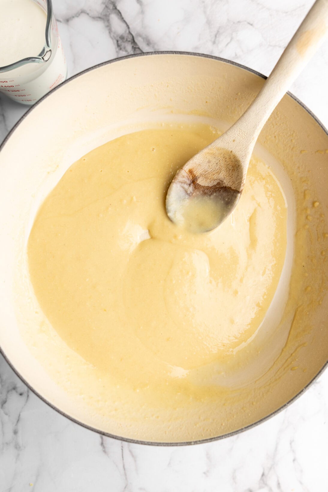 step by step process: turkey broth mixed in and thickened