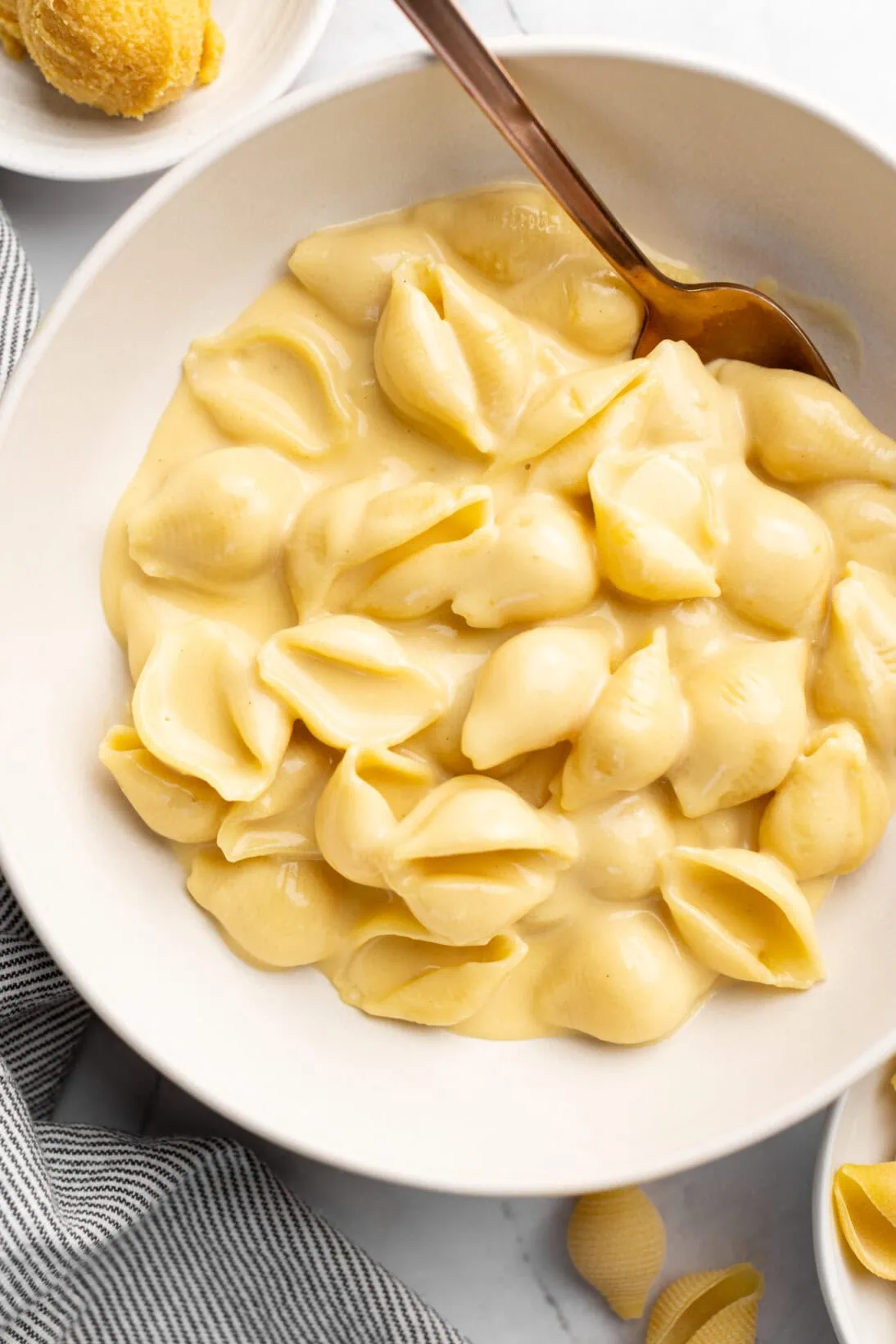 up close bowl of creamy miso mac and cheese