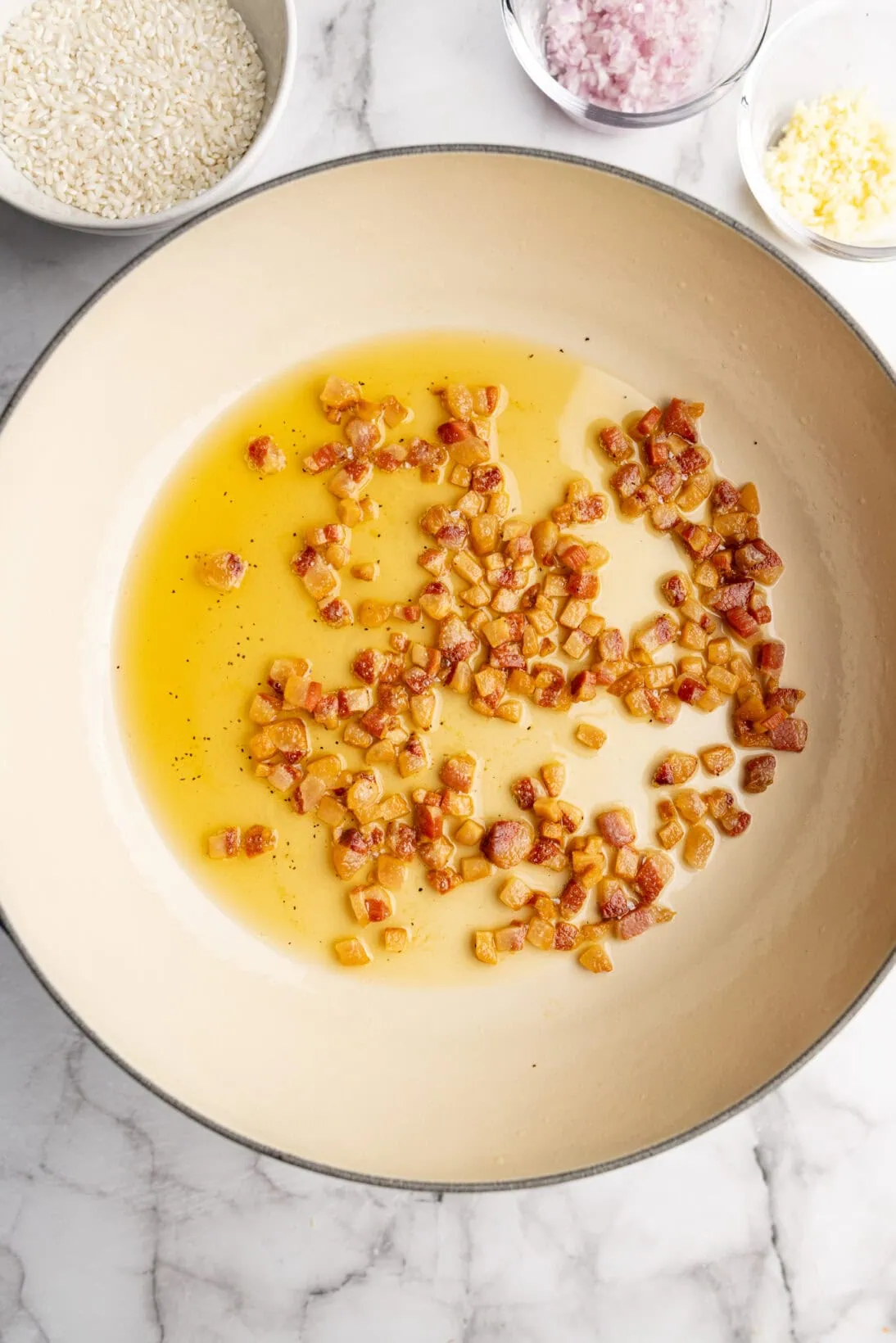 making the risotto: rendered and cooked guanciale