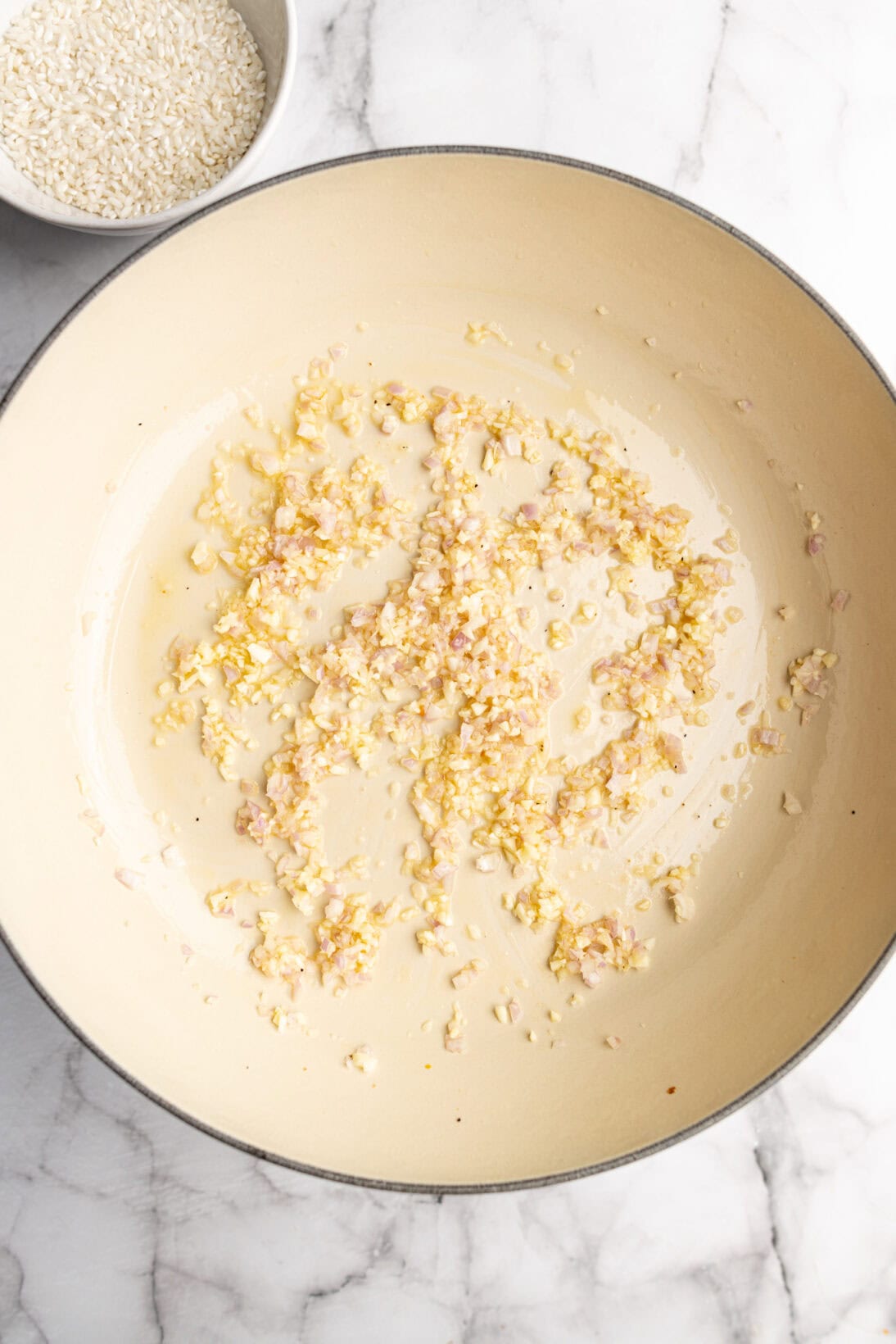 making the risotto: sautéing the shallots and garlic