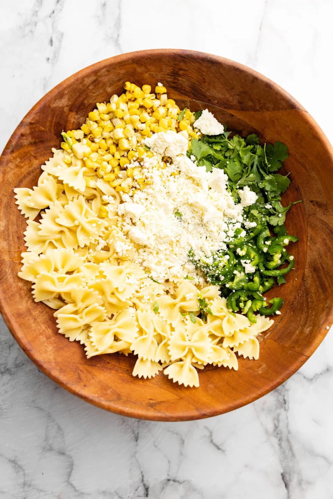 un-tossed Mexican street corn pasta salad