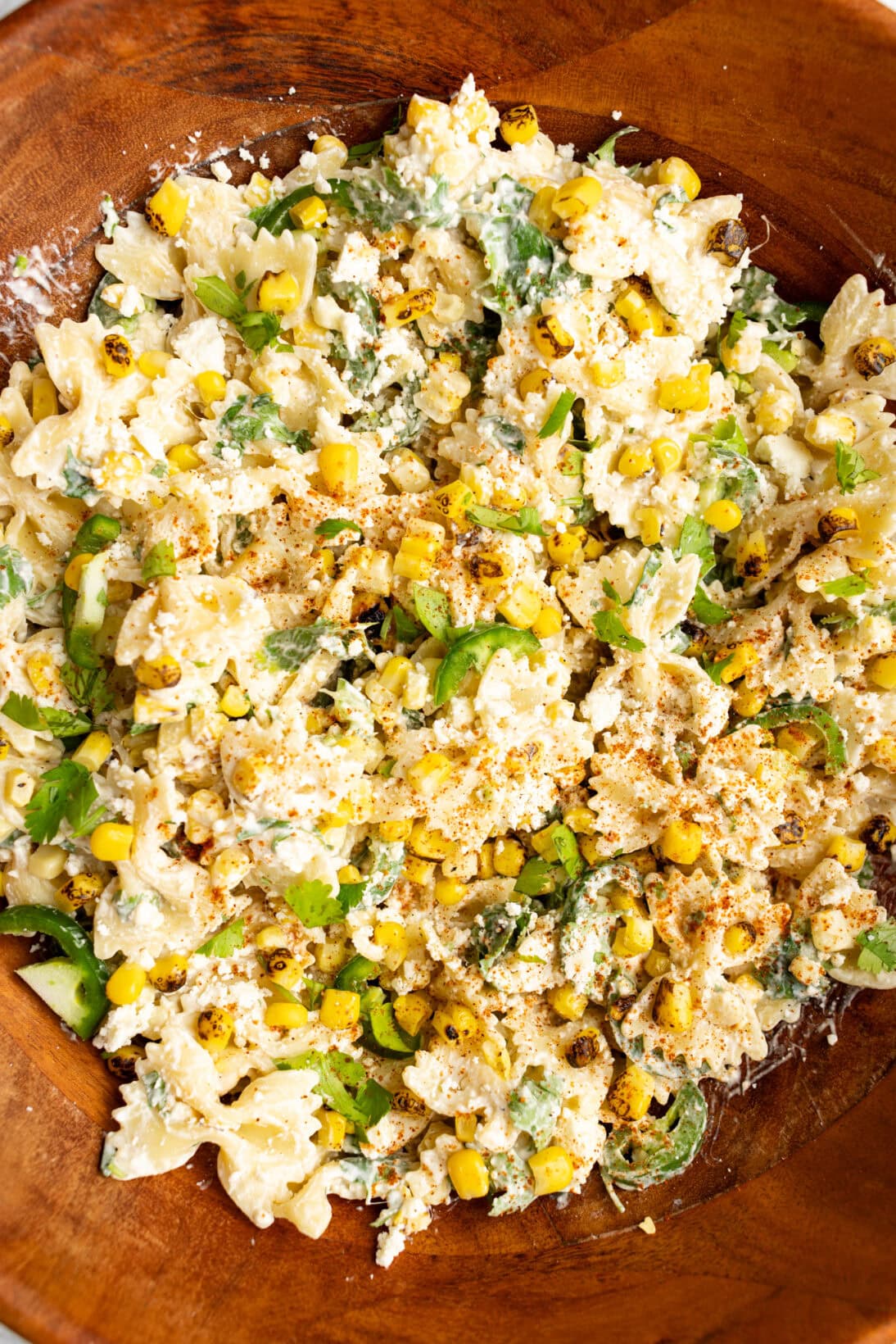 up close finished Mexican street corn pasta salad