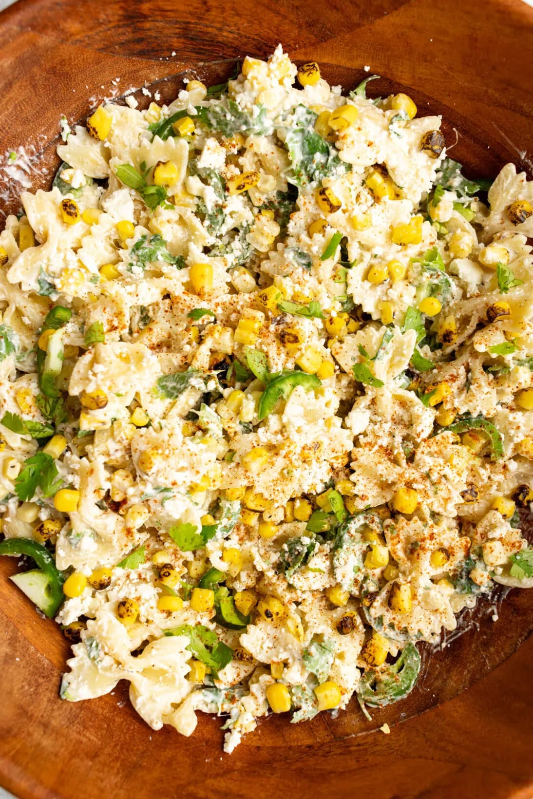 up close finished Mexican street corn pasta salad