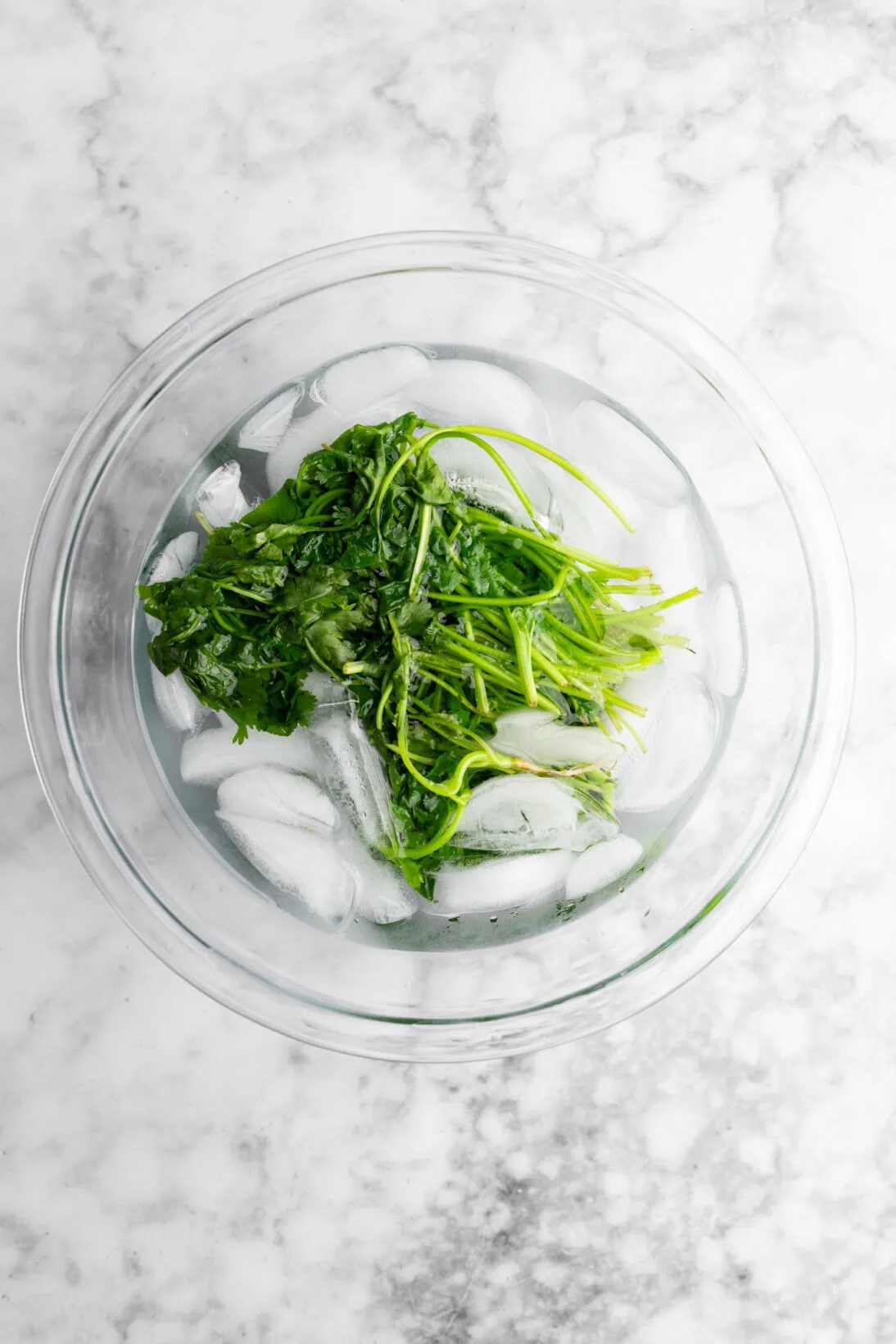 blanching the cilantro for the sauce