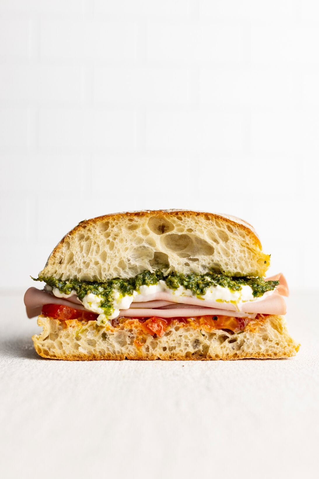 Mortadella Sandwich (Roasted Tomatoes, Stracciatella & Pesto).