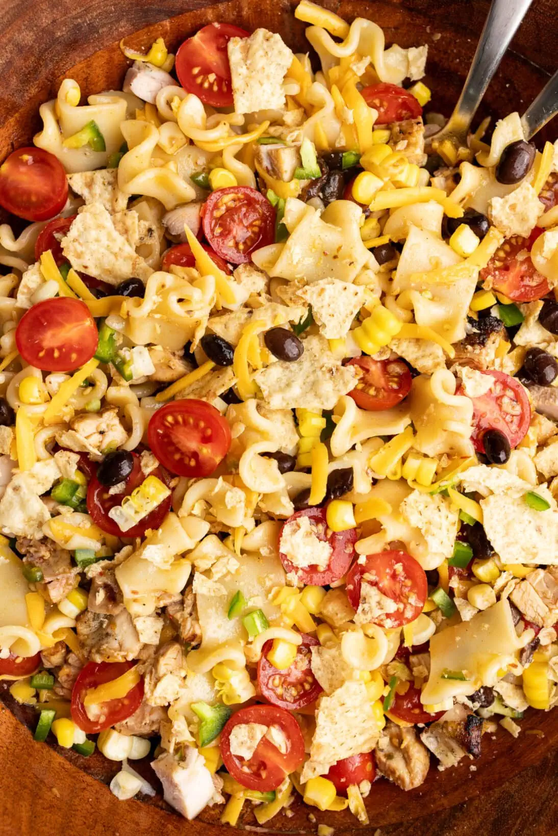 chipotle pasta salad with the tortilla chips crushed in. 