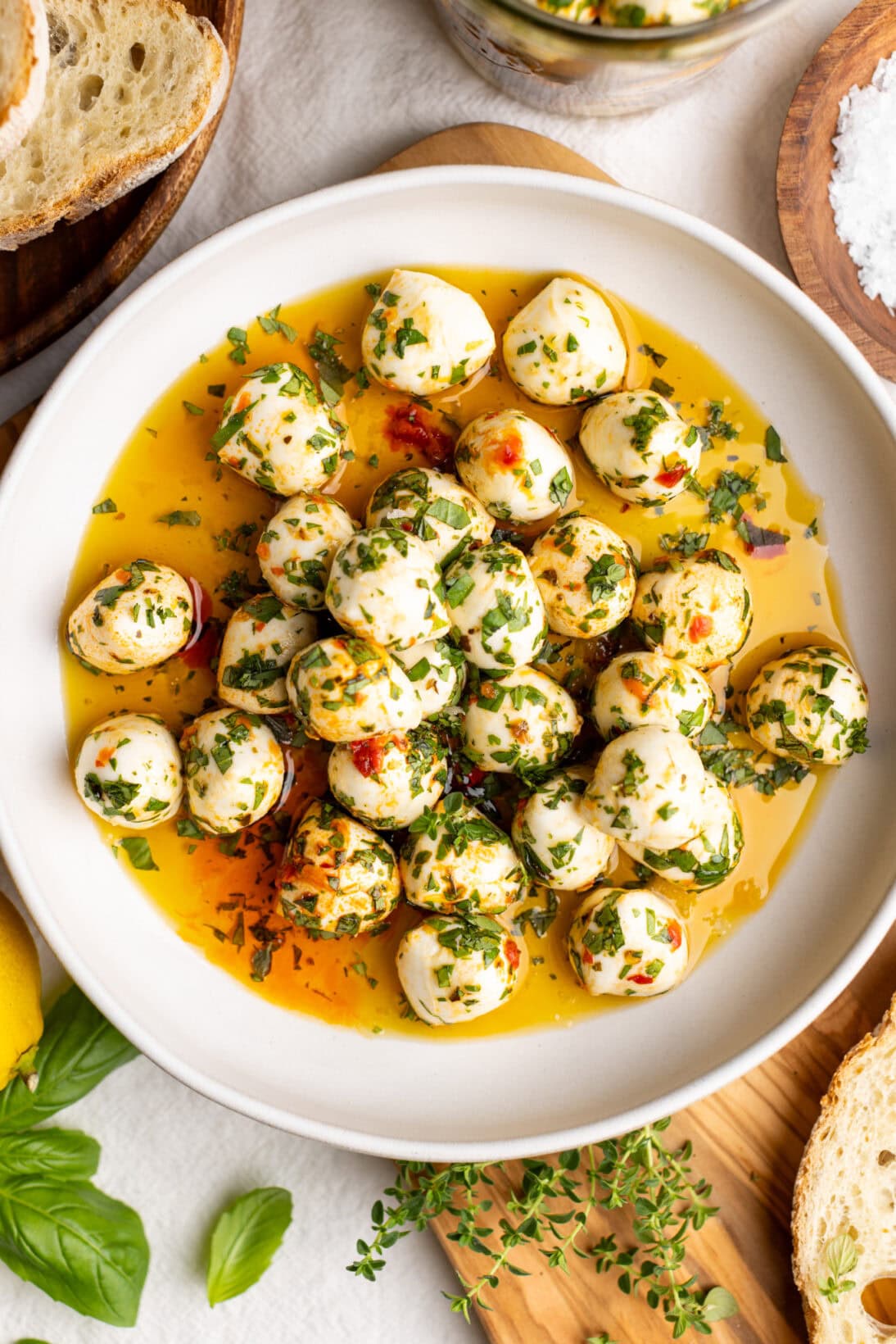 marinated mozzarella balls in a bowl