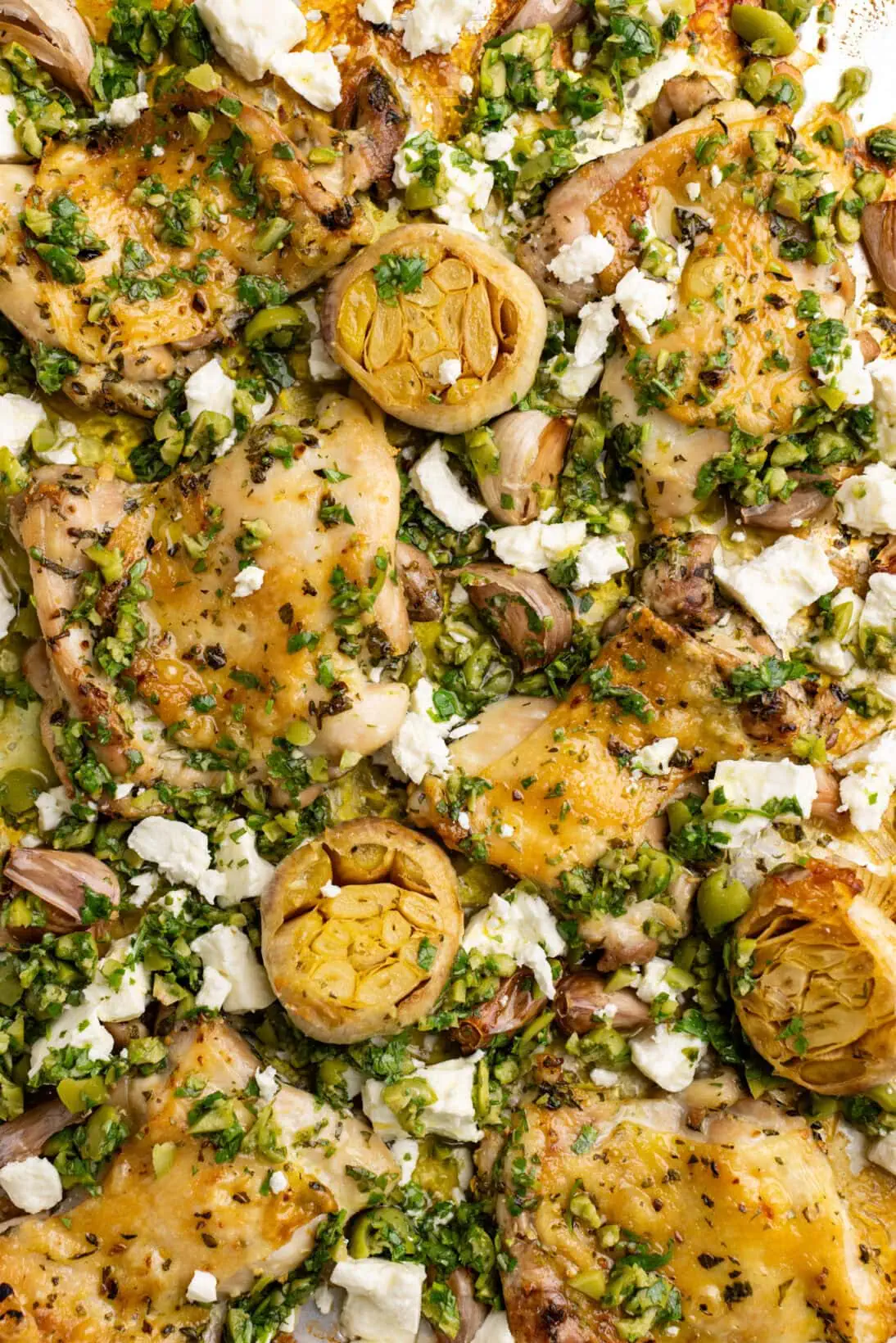 herb roasted chicken thighs topped with feta and the green olive dressing. 