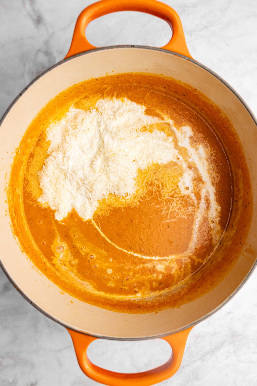 creamy roasted tomato soup with the heavy cream and Parmesan cheese added