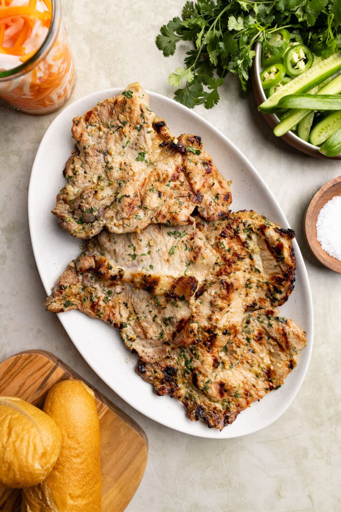 lemongrass and garlic grilled pork for the pork banh mi sandwich