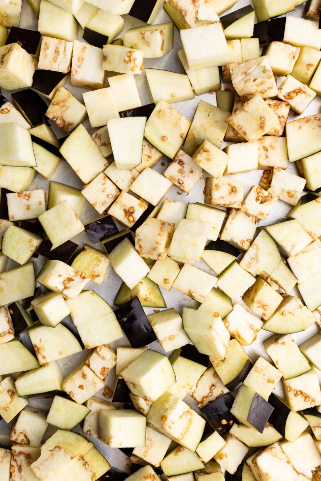 raw uncooked cubed eggplant