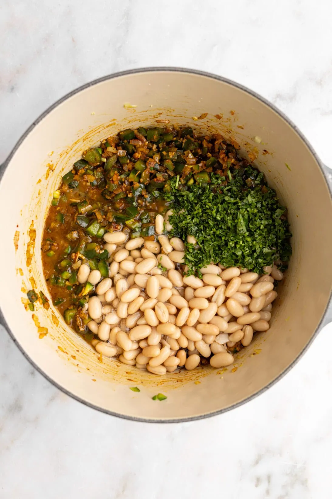 step by step: adding in the beans and cilantro
