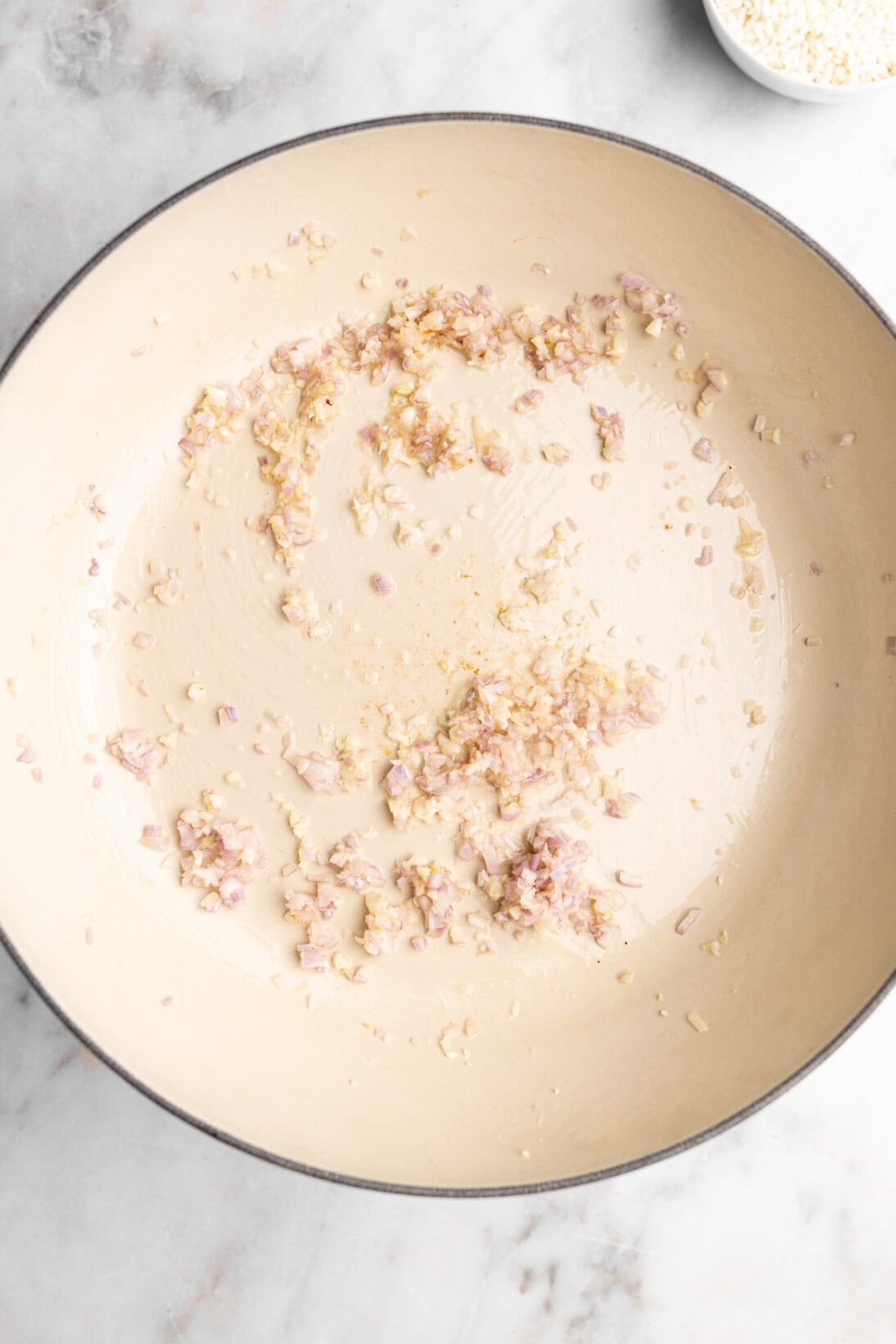 step by step: sautéing the base of garlic and shallots
