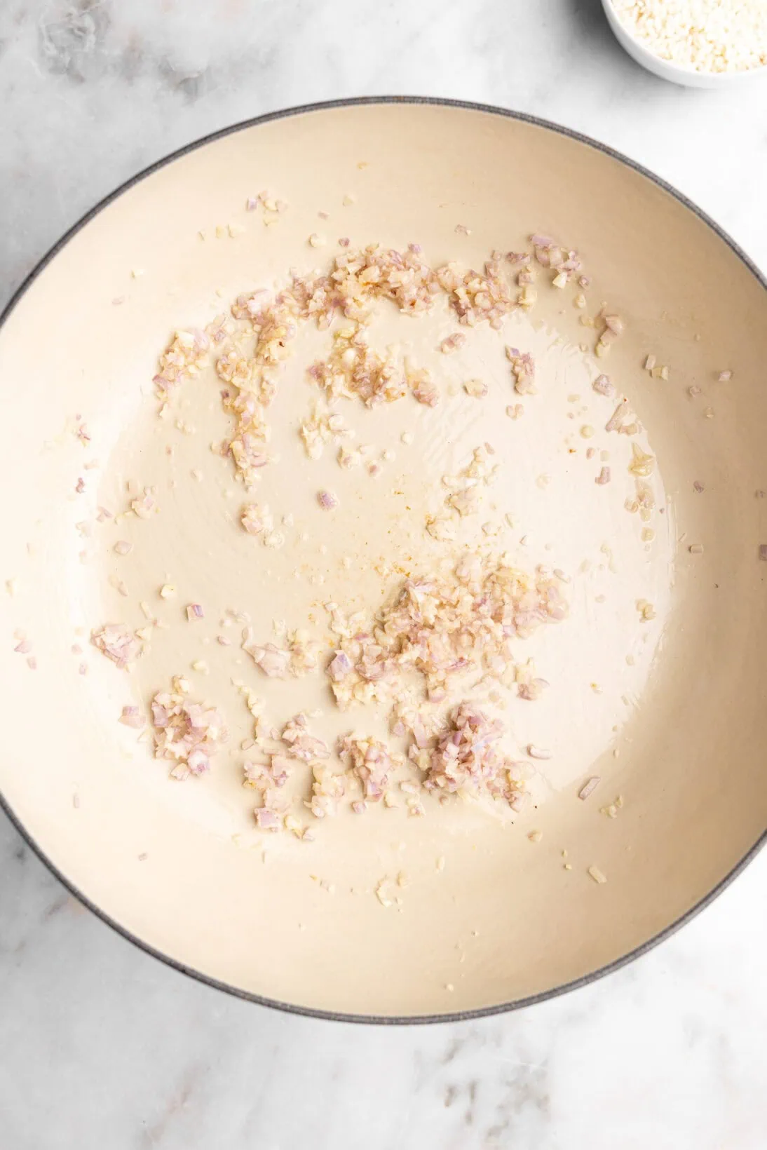 step by step: sautéing the base of garlic and shallots