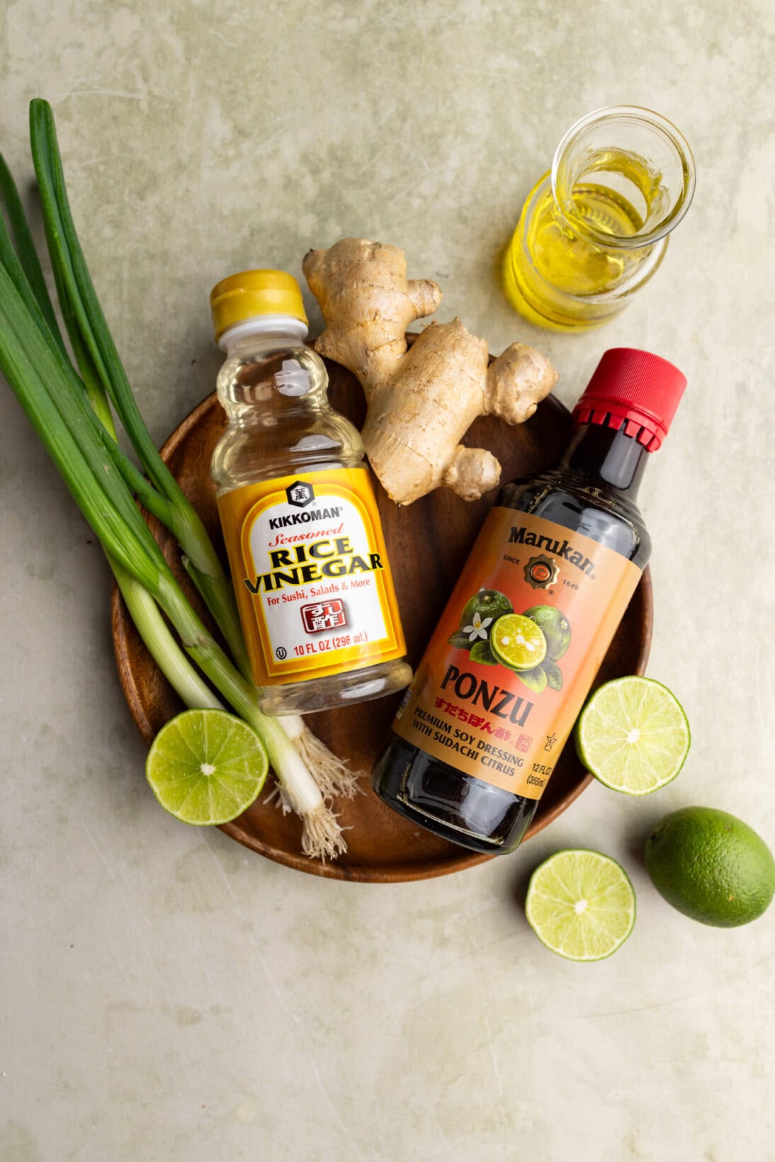the ingredients for the ginger and green onion dressing