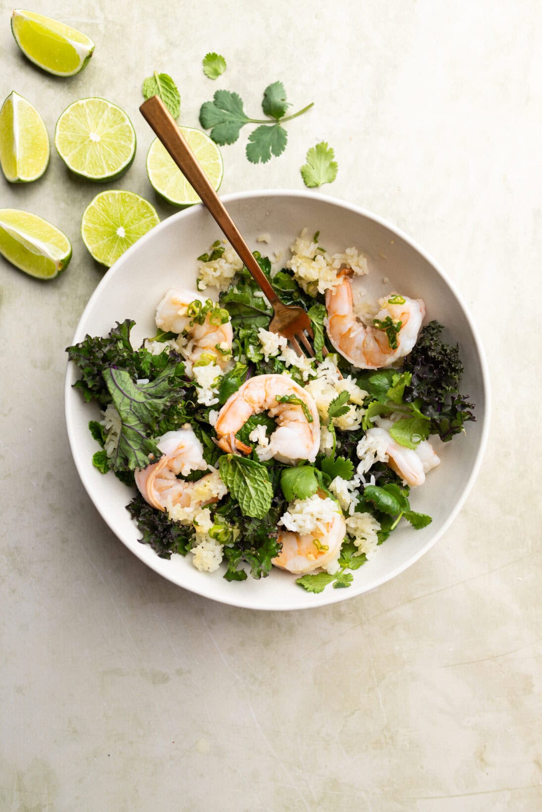 crispy rice salad with shrimp, cilantro, kale and mint. Dressed in a homemade ginger and green onion dressing.