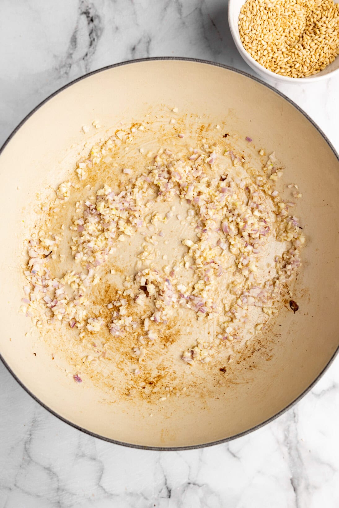 step by step: sautéing the shallots and garlic