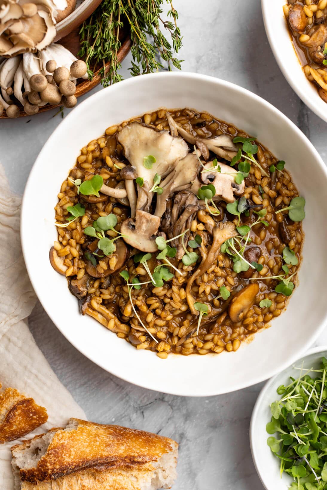 A bowl of mushroom barley risotto topped with micro greens