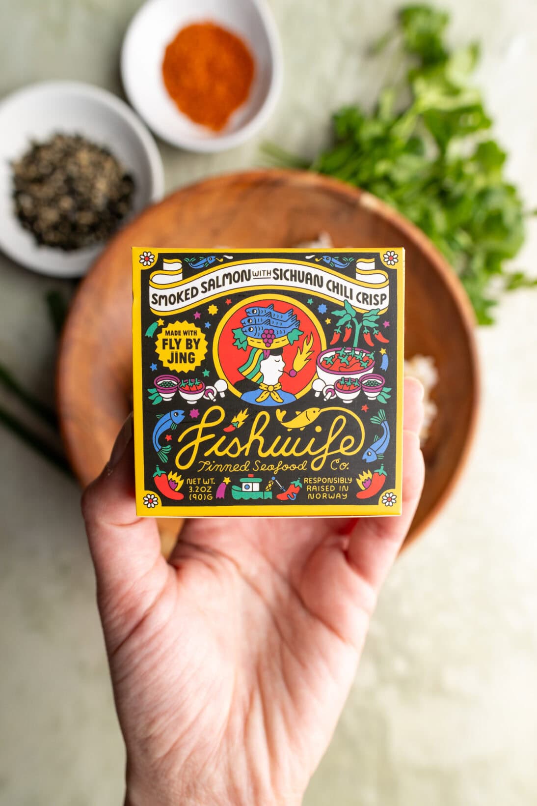 A box of Fishwife smoked salmon Fly by Jing