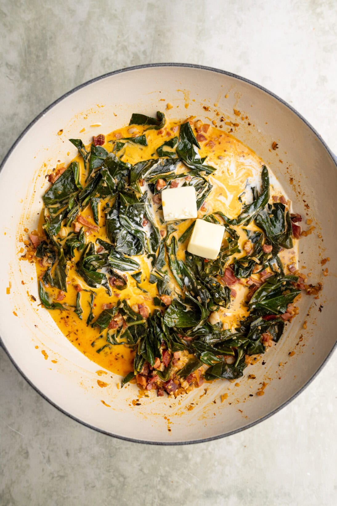 step by step: cooked down collared greens with added heavy cream and butter