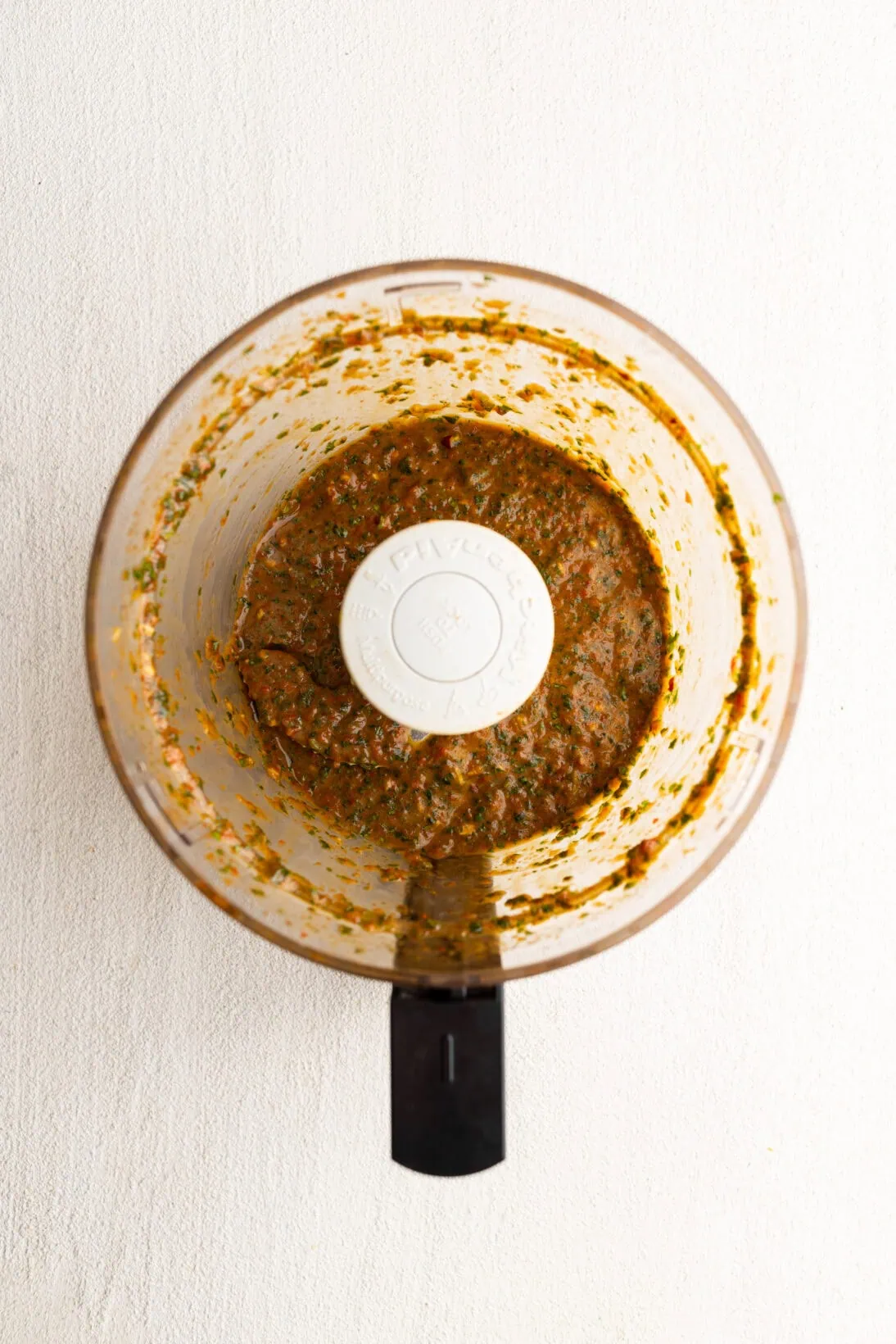 red chimichurri mixed in a food processor