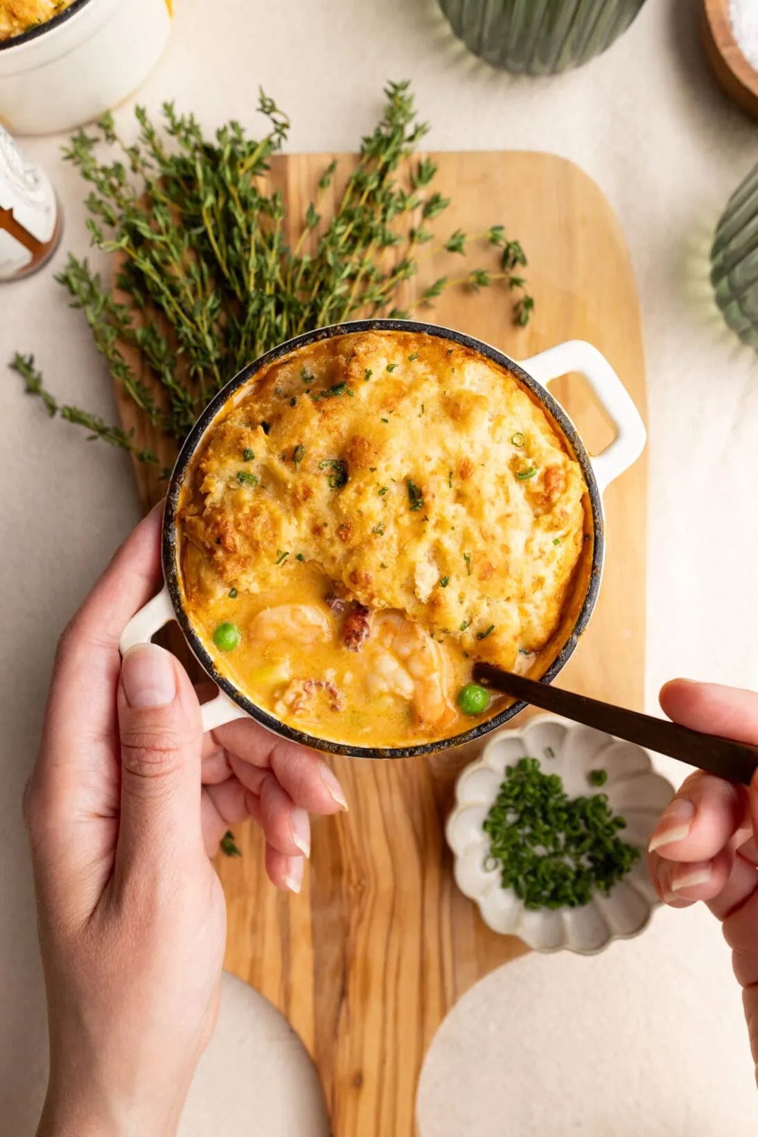 seafood pot pie with a cheddar bay biscuit crust