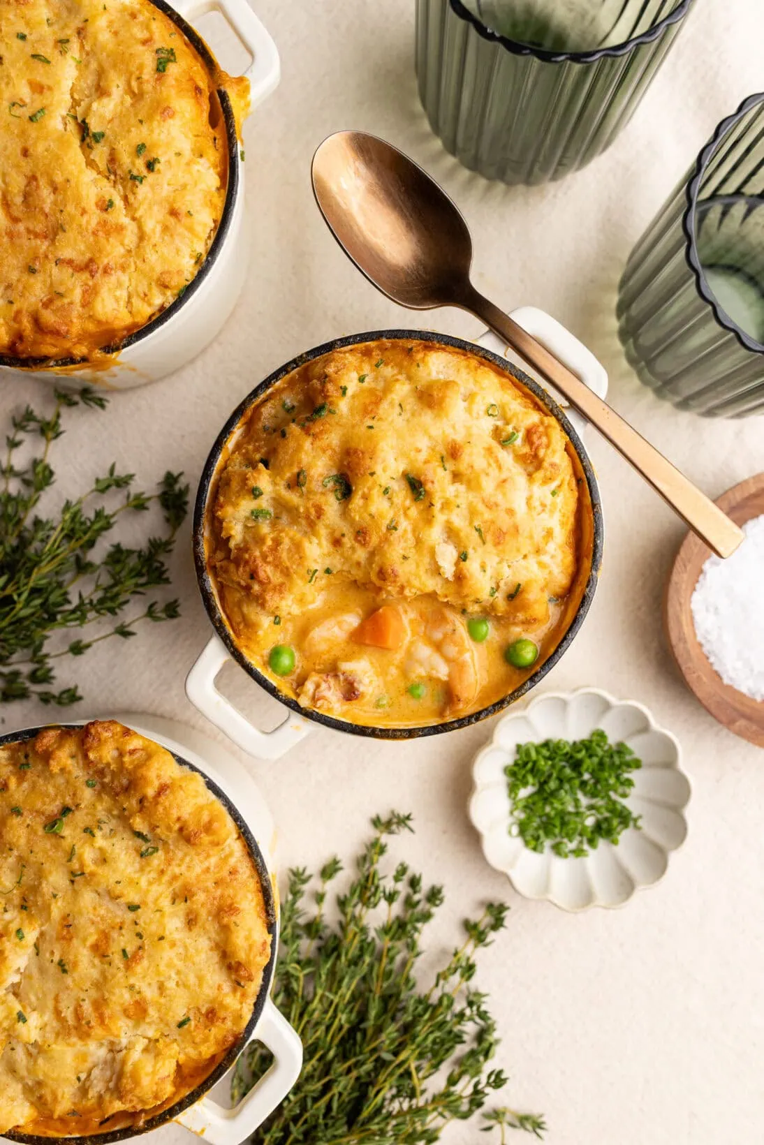 seafood pot pie with a cheddar bay biscuit crust