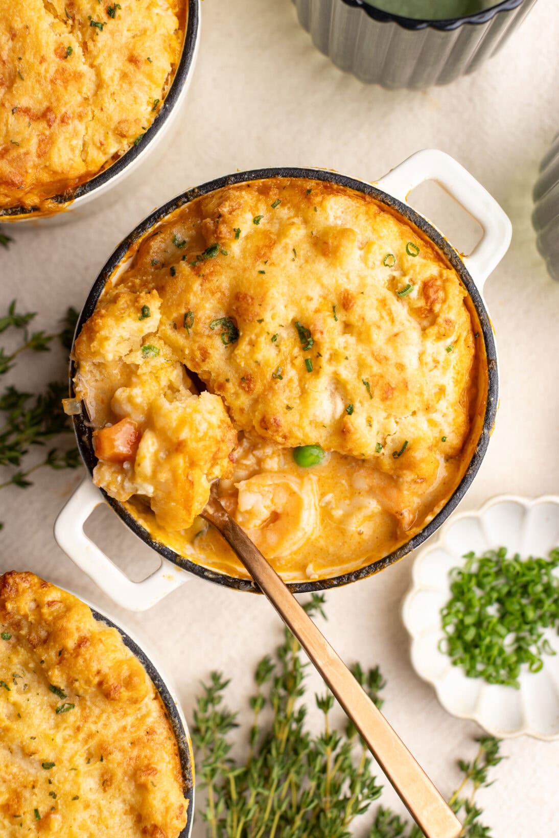 seafood pot pie with a cheddar bay biscuit crust