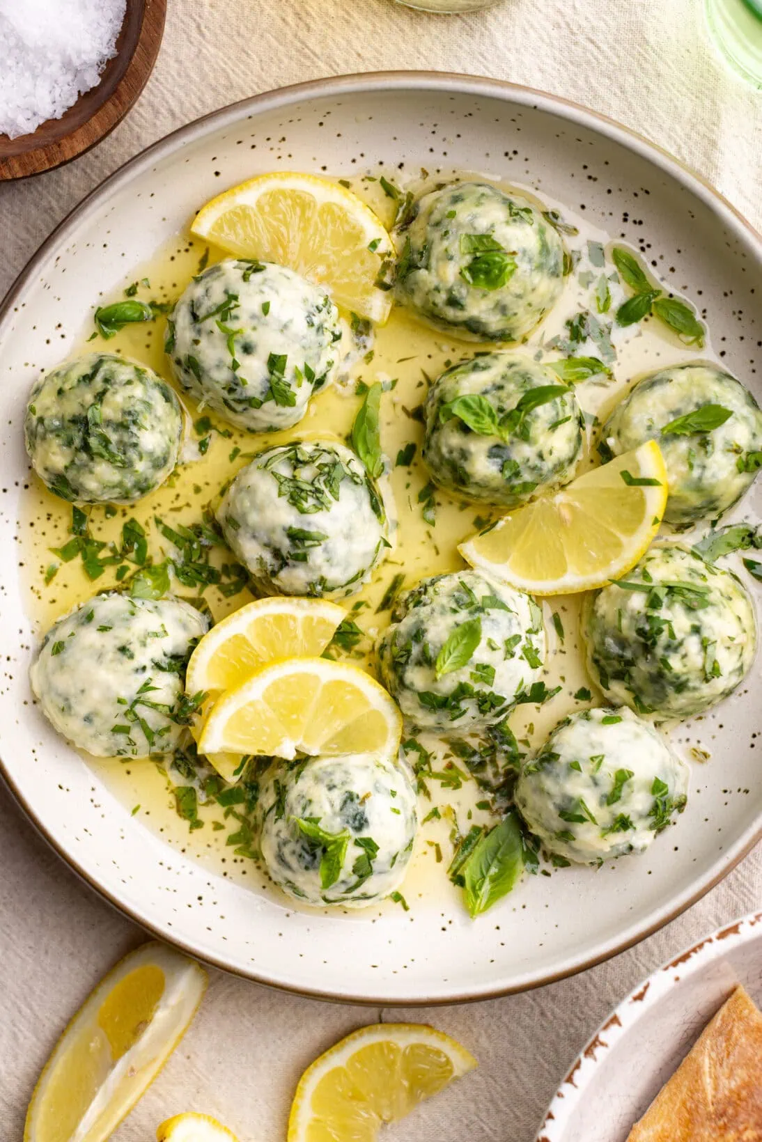 low bowl of spinach and ricotta gnudi.