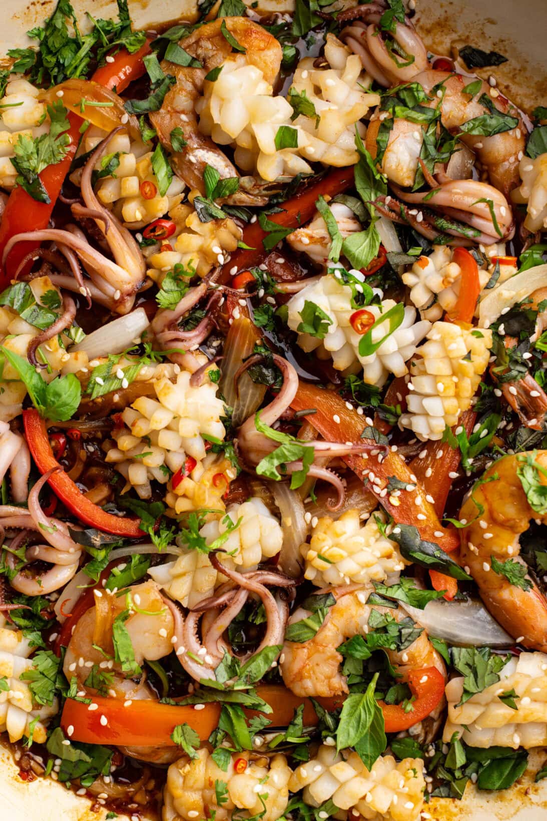 up close shot of Thai Spicy Squid Stir Fry