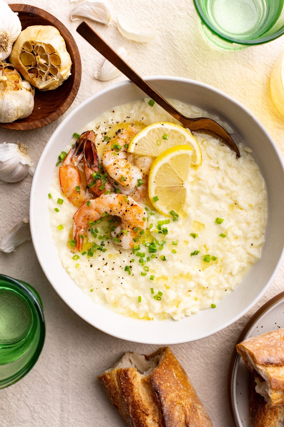 roasted garlic mascarpone risotto topped with shrimp and chives