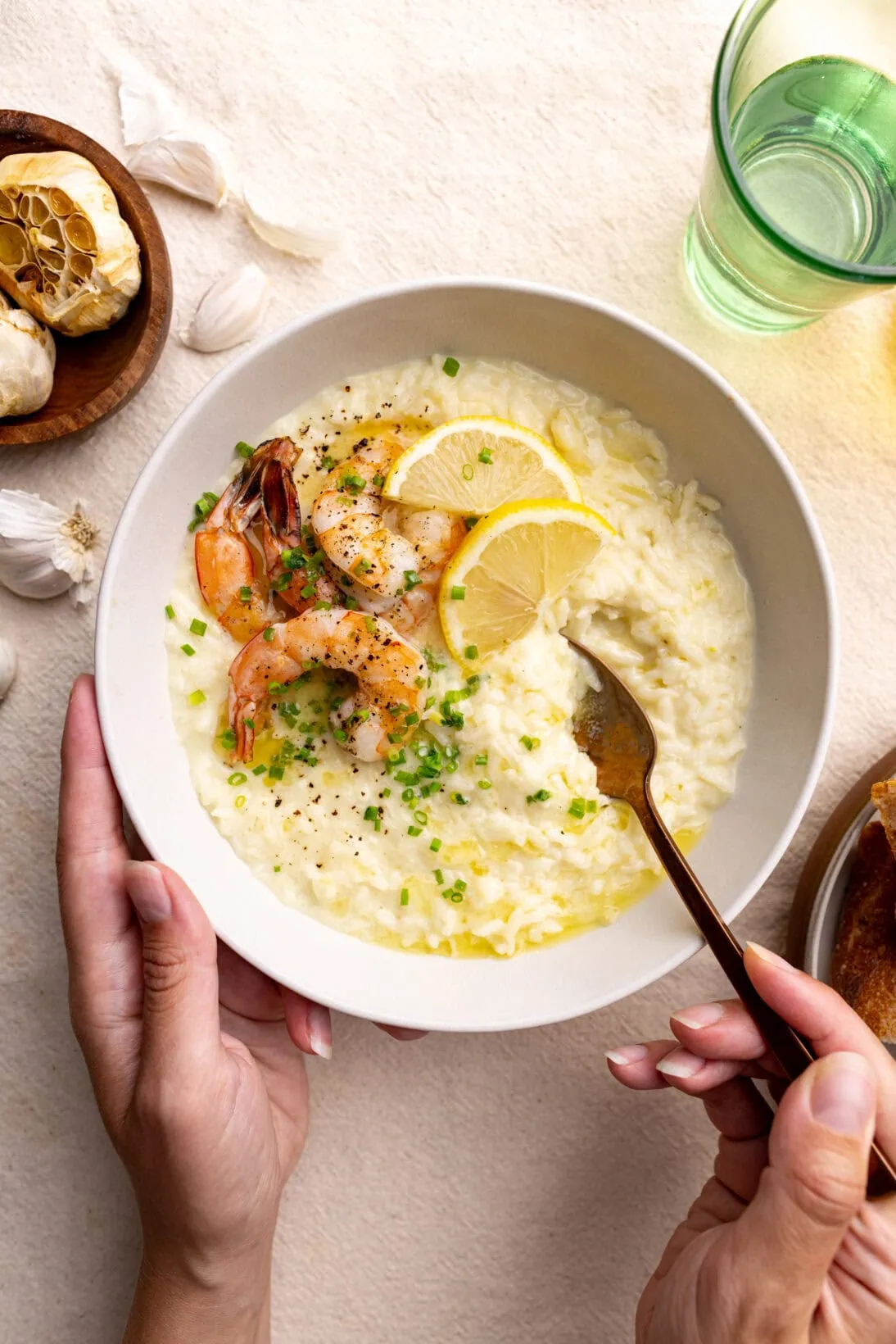 roasted garlic mascarpone risotto topped with shrimp and chives